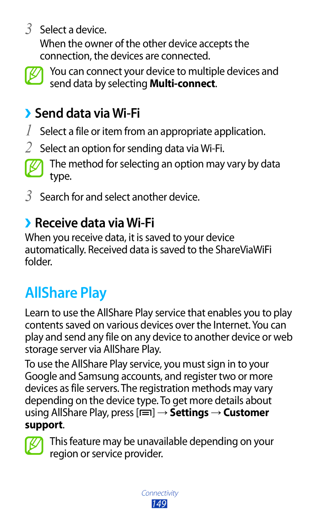 Samsung GT2N7000ZBAXEH, GT-N7000ZBADBT, GT-N7000ZBEDBT manual AllShare Play, ››Send data via Wi-Fi, ››Receive data via Wi-Fi 