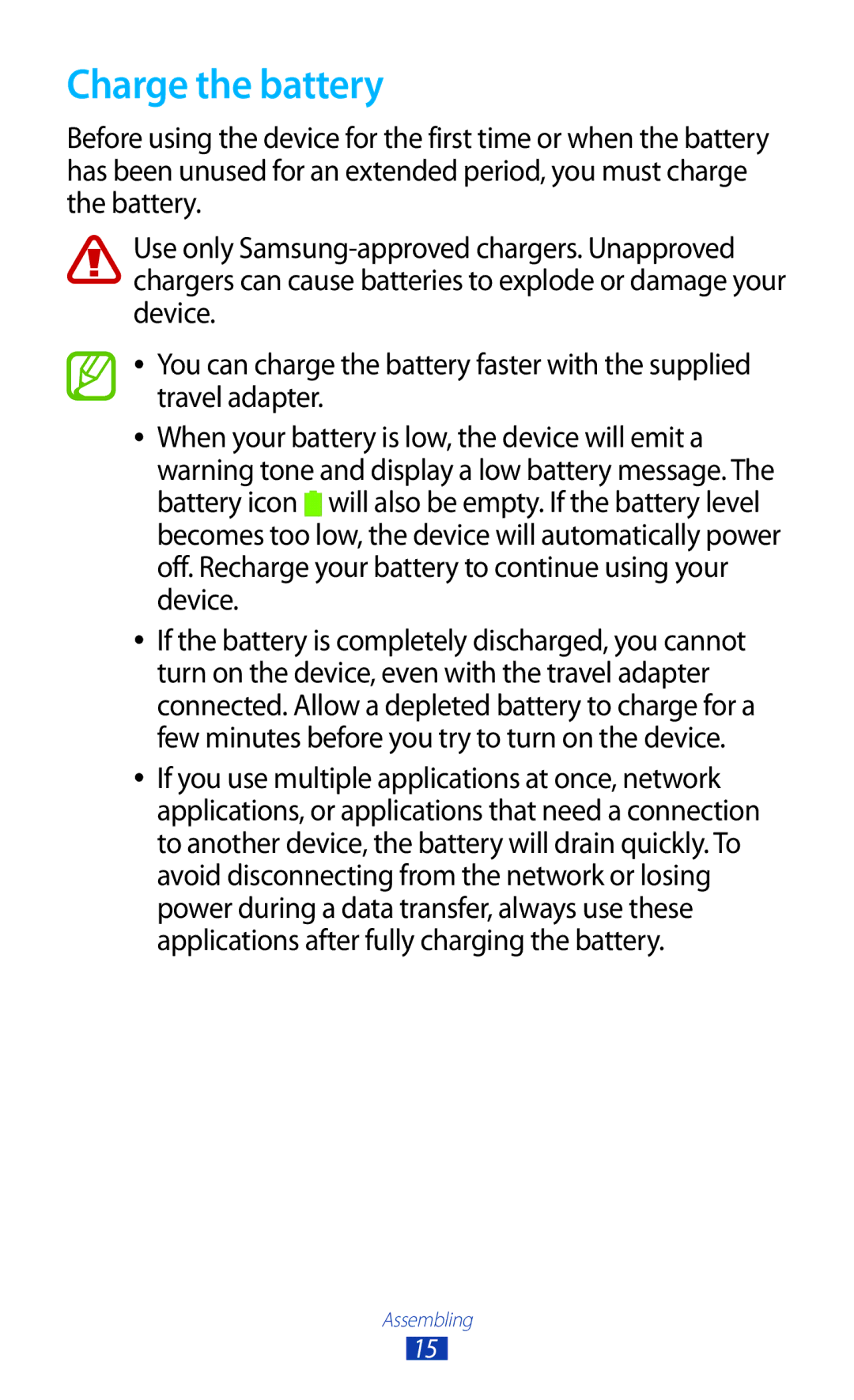 Samsung GT-N7000ZIADTM, GT-N7000ZBADBT, GT-N7000ZBEDBT, GT-N7000ZBEATO, GT-N7000RWATUR, GT-N7000RWAMBC manual Charge the battery 