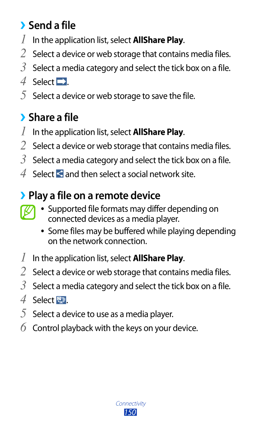 Samsung GT2N7000RWATMH, GT-N7000ZBADBT, GT-N7000ZBEDBT manual ››Send a file, ››Share a file, ››Play a file on a remote device 