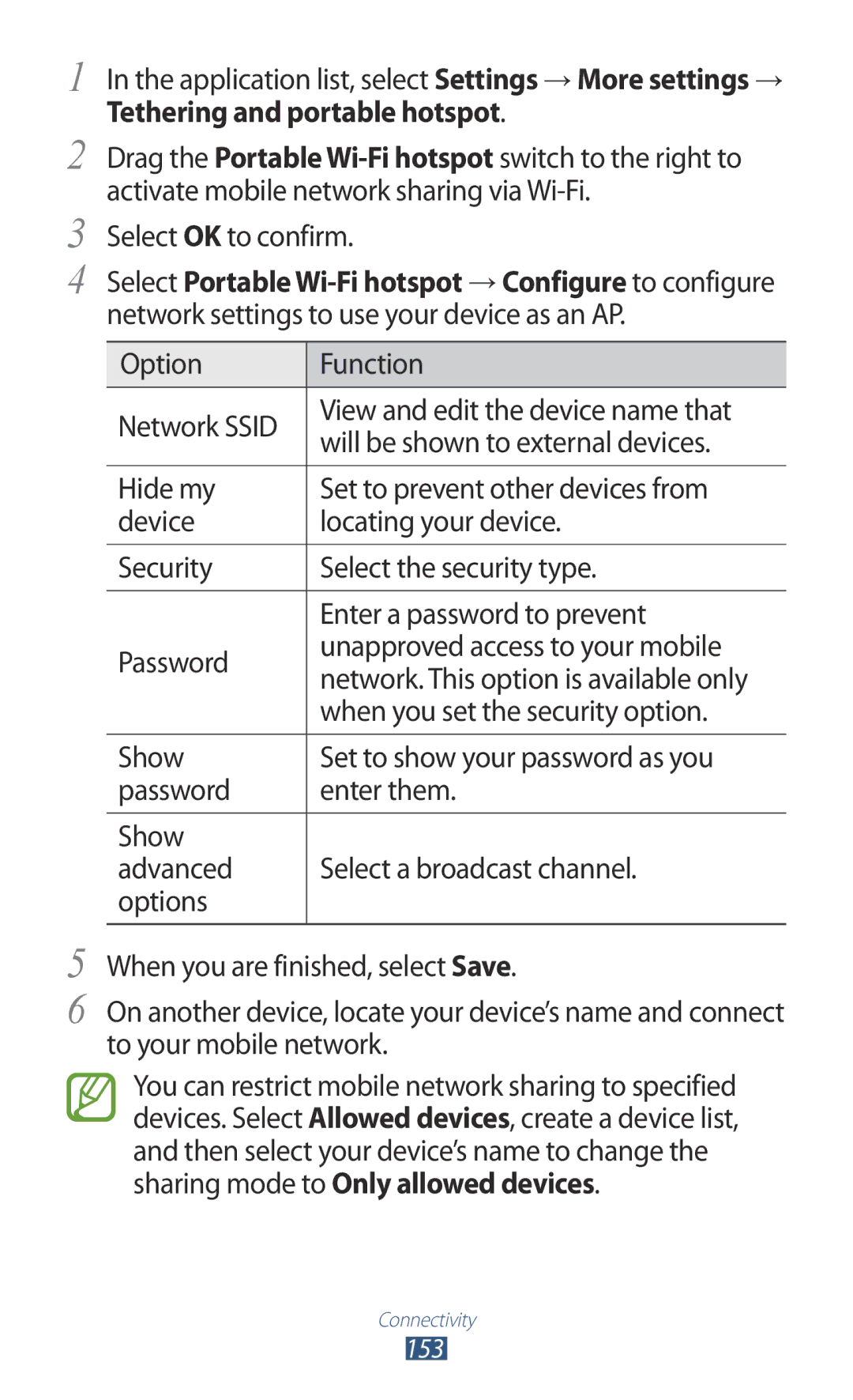 Samsung GT-N7000ZBAAUT, GT-N7000ZBADBT Application list, select Settings → More settings →, Tethering and portable hotspot 