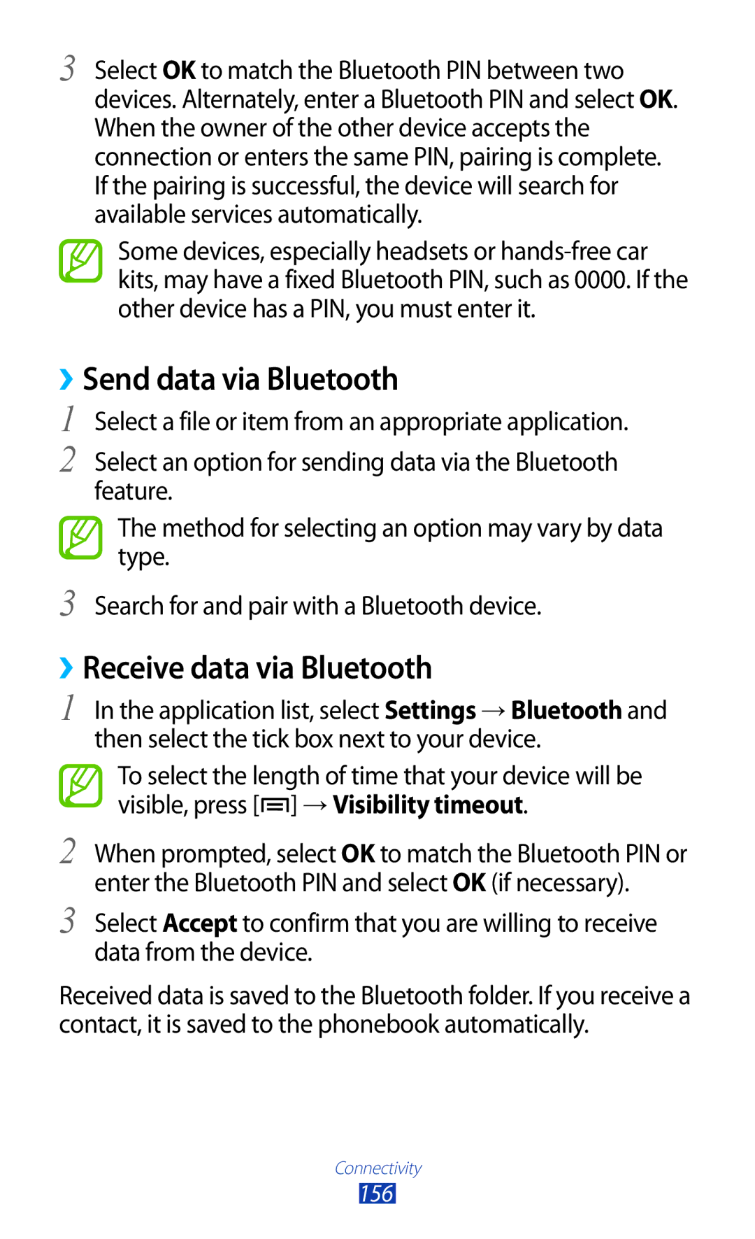 Samsung GT-N7000RWESER, GT-N7000ZBADBT, GT-N7000ZBEDBT manual ››Send data via Bluetooth, ››Receive data via Bluetooth 