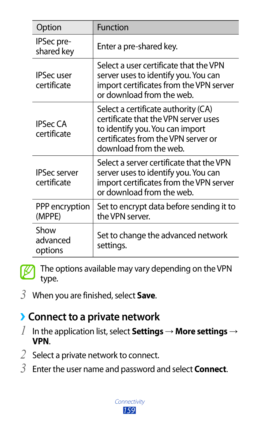 Samsung GT-N7000RWASER, GT-N7000ZBADBT, GT-N7000ZBEDBT, GT-N7000ZBEATO, GT-N7000RWATUR manual ››Connect to a private network 