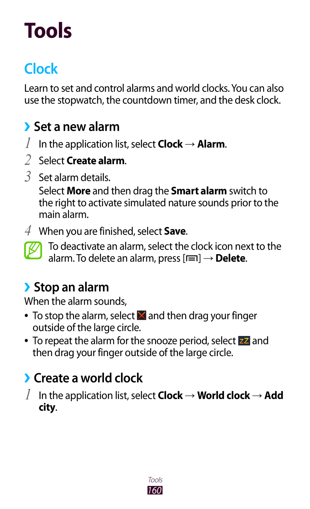 Samsung GT-N7000ZIASER, GT-N7000ZBADBT, GT-N7000ZBEDBT Clock, ››Set a new alarm, ››Stop an alarm, ››Create a world clock 