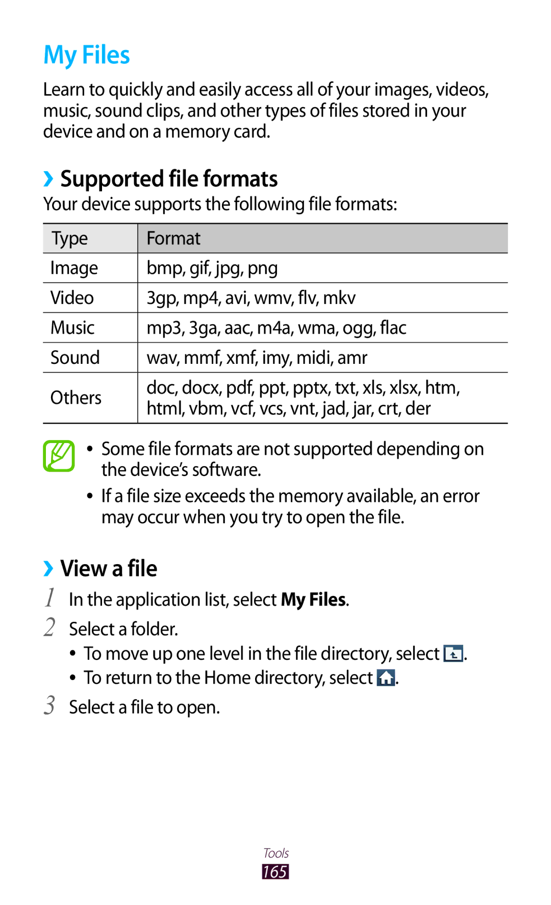 Samsung GT-N7000RWATUR, GT-N7000ZBADBT ››Supported file formats, Application list, select My Files Select a folder 