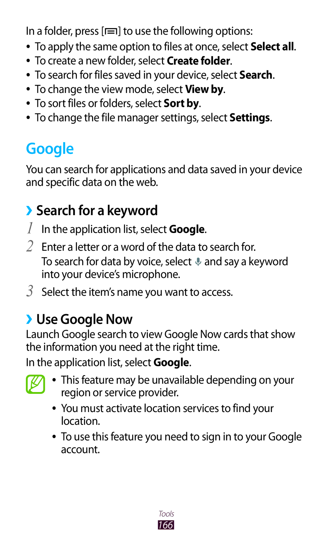 Samsung GT-N7000RWAMBC manual ››Search for a keyword, ››Use Google Now, A folder, press to use the following options 