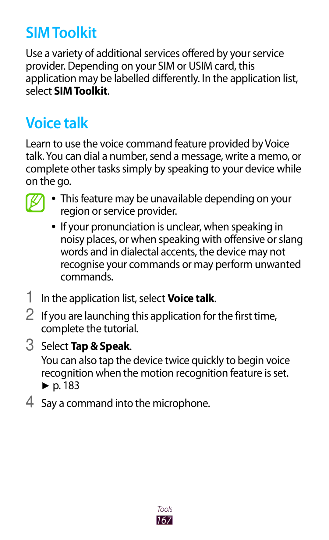 Samsung GT-N7000ZBAVIA, GT-N7000ZBADBT manual SIM Toolkit, Voice talk, Select Tap & Speak, Say a command into the microphone 