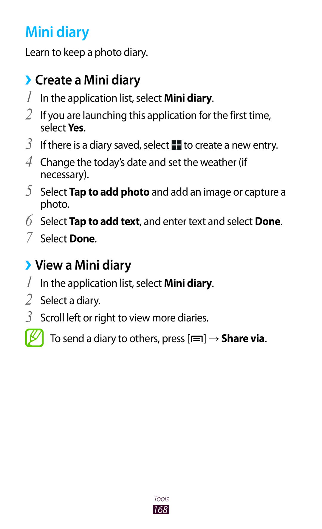 Samsung GT-N7000ZBATMN, GT-N7000ZBADBT manual ››Create a Mini diary, ››View a Mini diary, Learn to keep a photo diary 