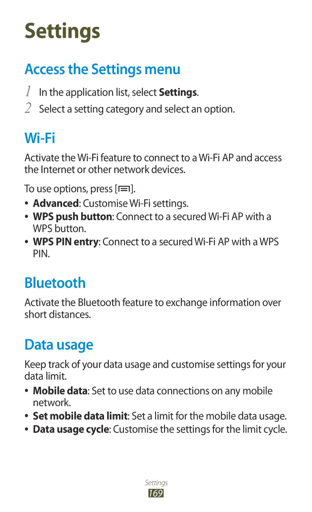 Samsung GT-N7000RWAATO, GT-N7000ZBADBT, GT-N7000ZBEDBT, GT-N7000ZBEATO, GT-N7000RWATUR Access the Settings menu, Data usage 