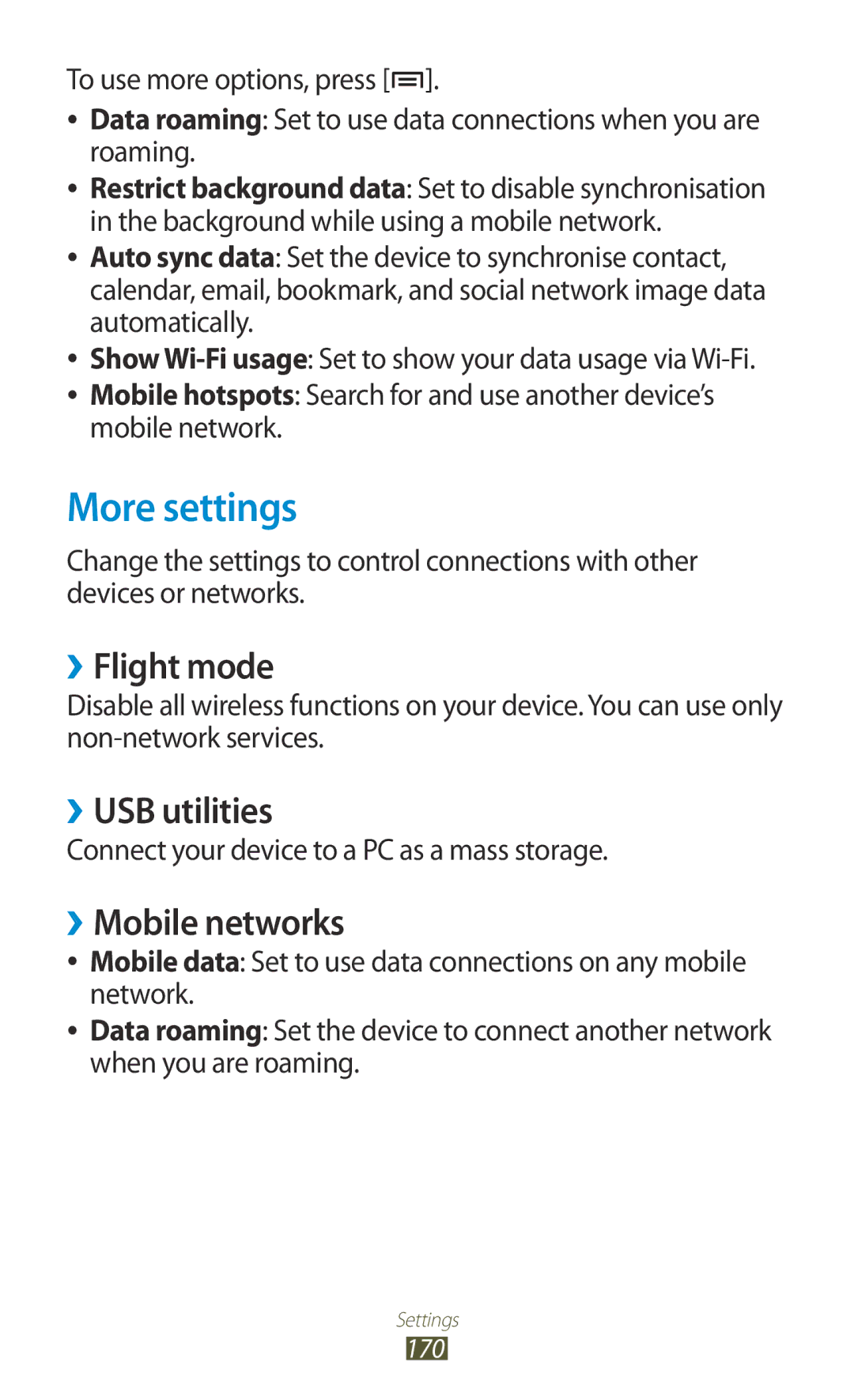 Samsung GT-N7000ZIADBT, GT-N7000ZBADBT, GT-N7000ZBEDBT More settings, ››Flight mode, ››USB utilities, ››Mobile networks 