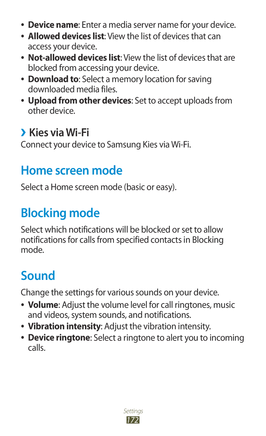 Samsung GT-N7000ZBAATO, GT-N7000ZBADBT, GT-N7000ZBEDBT manual Home screen mode, Blocking mode, Sound, ››Kies via Wi-Fi 