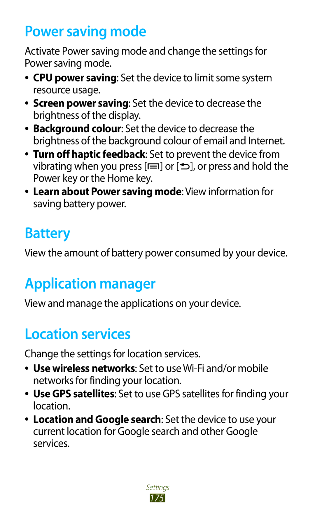 Samsung GT-N7000ZBAMBC, GT-N7000ZBADBT, GT-N7000ZBEDBT Power saving mode, Battery, Application manager, Location services 