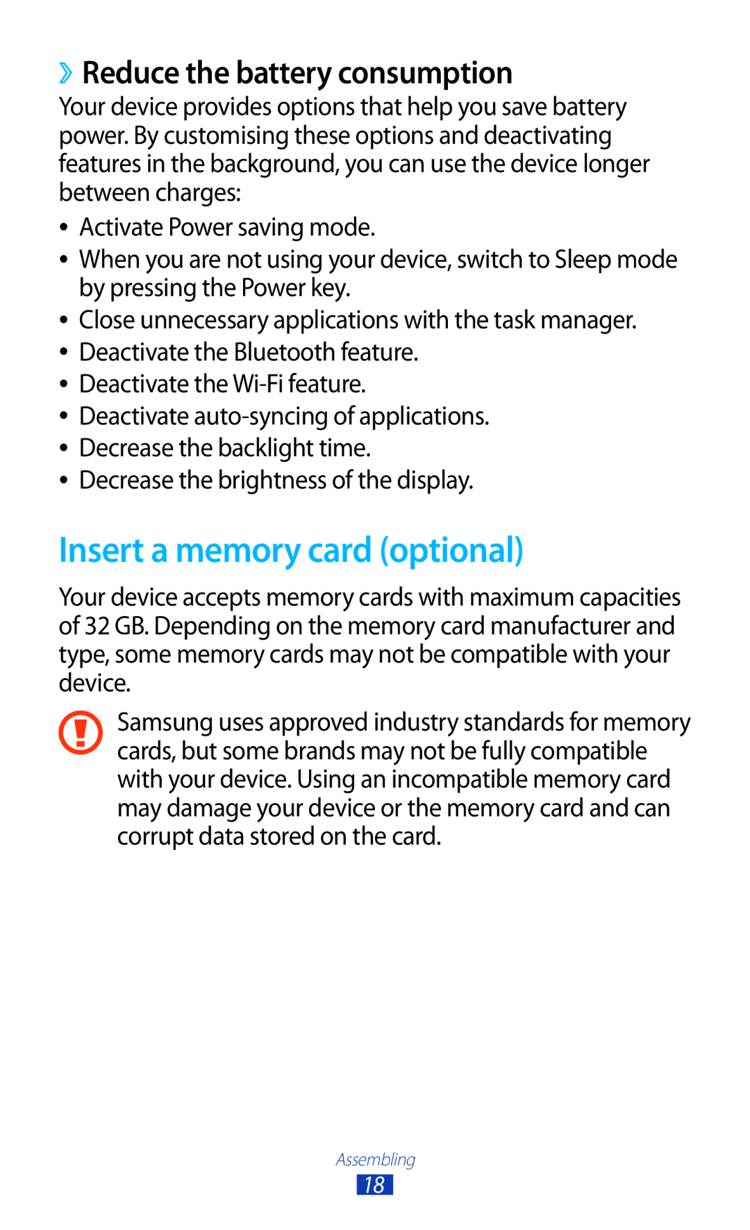 Samsung GT-N7000RWADTM, GT-N7000ZBADBT, GT-N7000ZBEDBT manual Insert a memory card optional, ››Reduce the battery consumption 