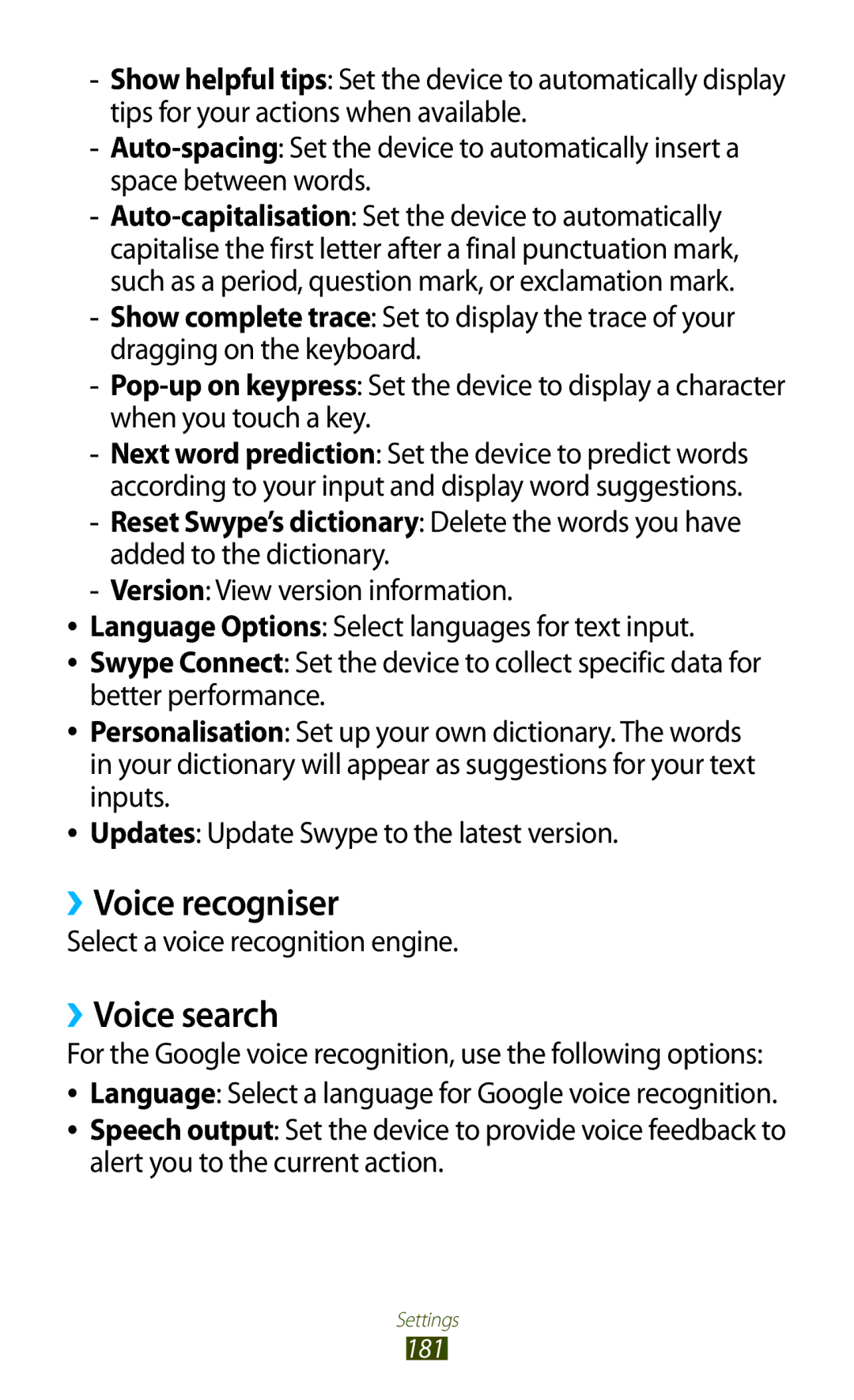 Samsung GT-N7000RWADBT, GT-N7000ZBADBT manual ››Voice recogniser, ››Voice search, Select a voice recognition engine 