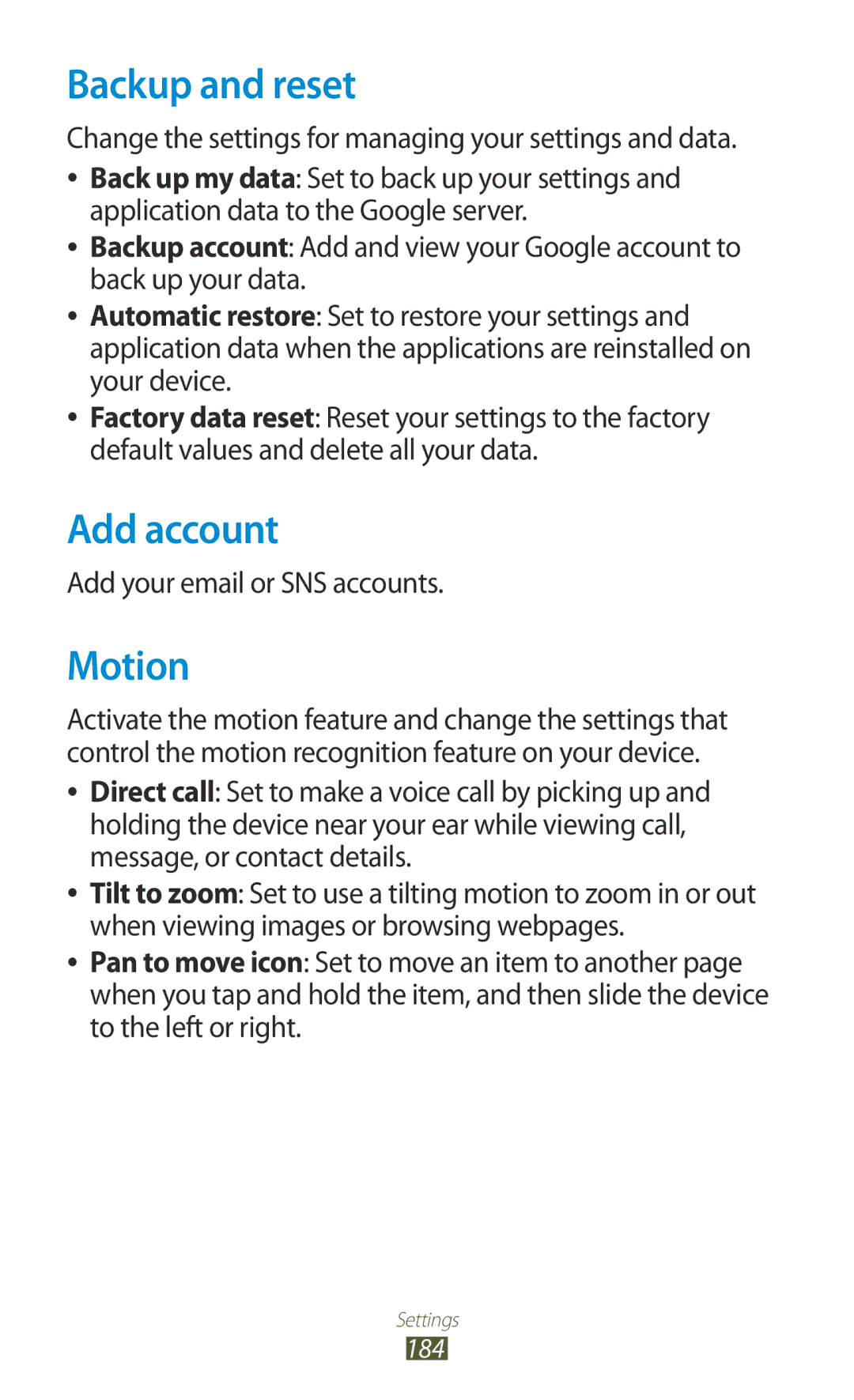 Samsung GT-N7000ZIABOG Backup and reset, Add account, Motion, Change the settings for managing your settings and data 