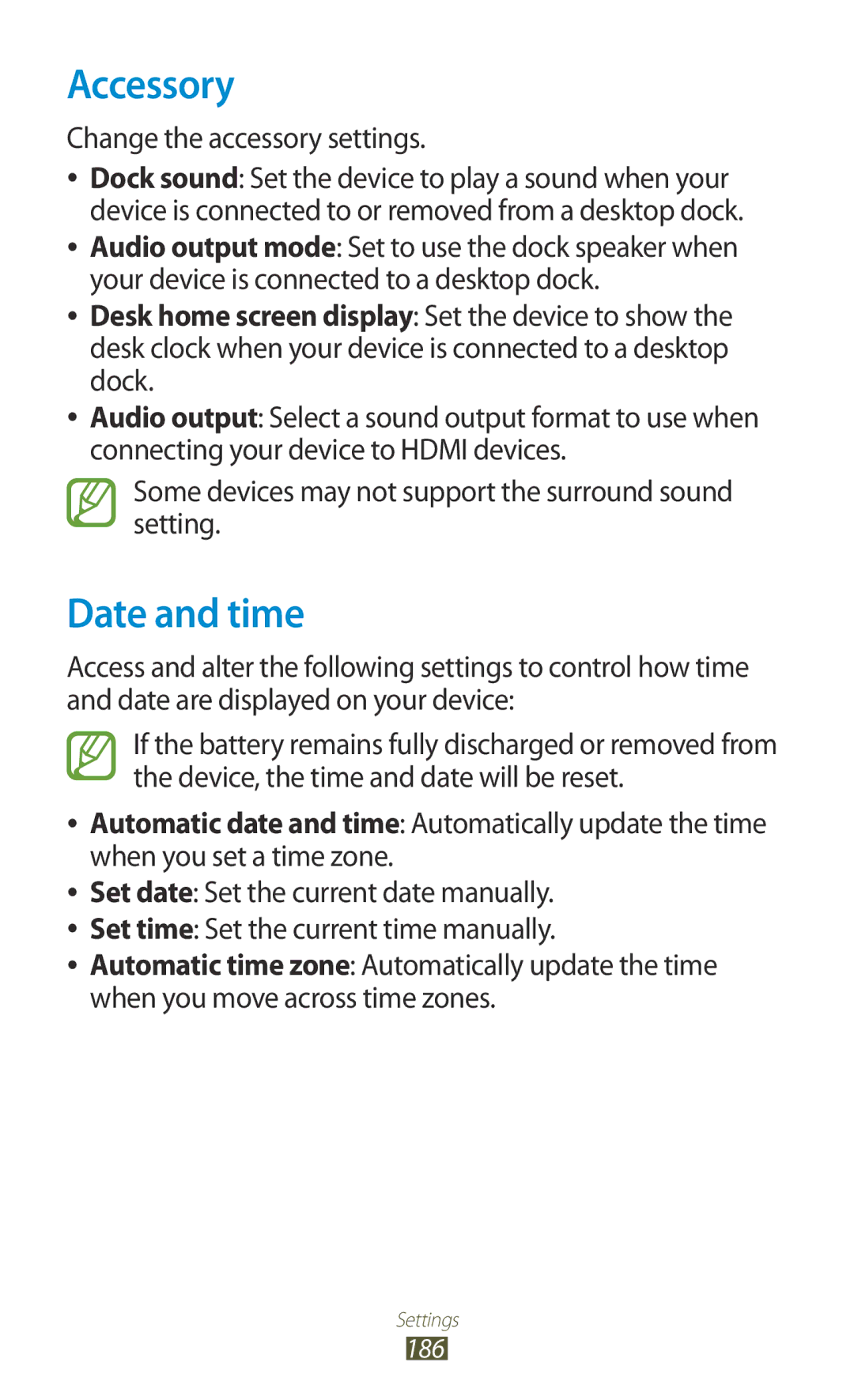 Samsung GT-N7000RWASFR, GT-N7000ZBADBT, GT-N7000ZBEDBT manual Accessory, Date and time, Change the accessory settings 