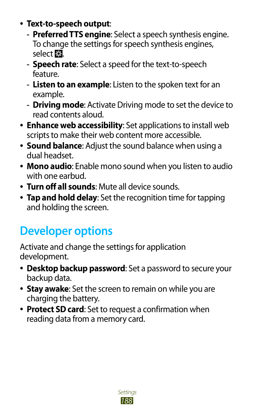 Samsung GT-N7000ZBEXEF, GT-N7000ZBADBT, GT-N7000ZBEDBT, GT-N7000ZBEATO manual Developer options, Text-to-speech output 