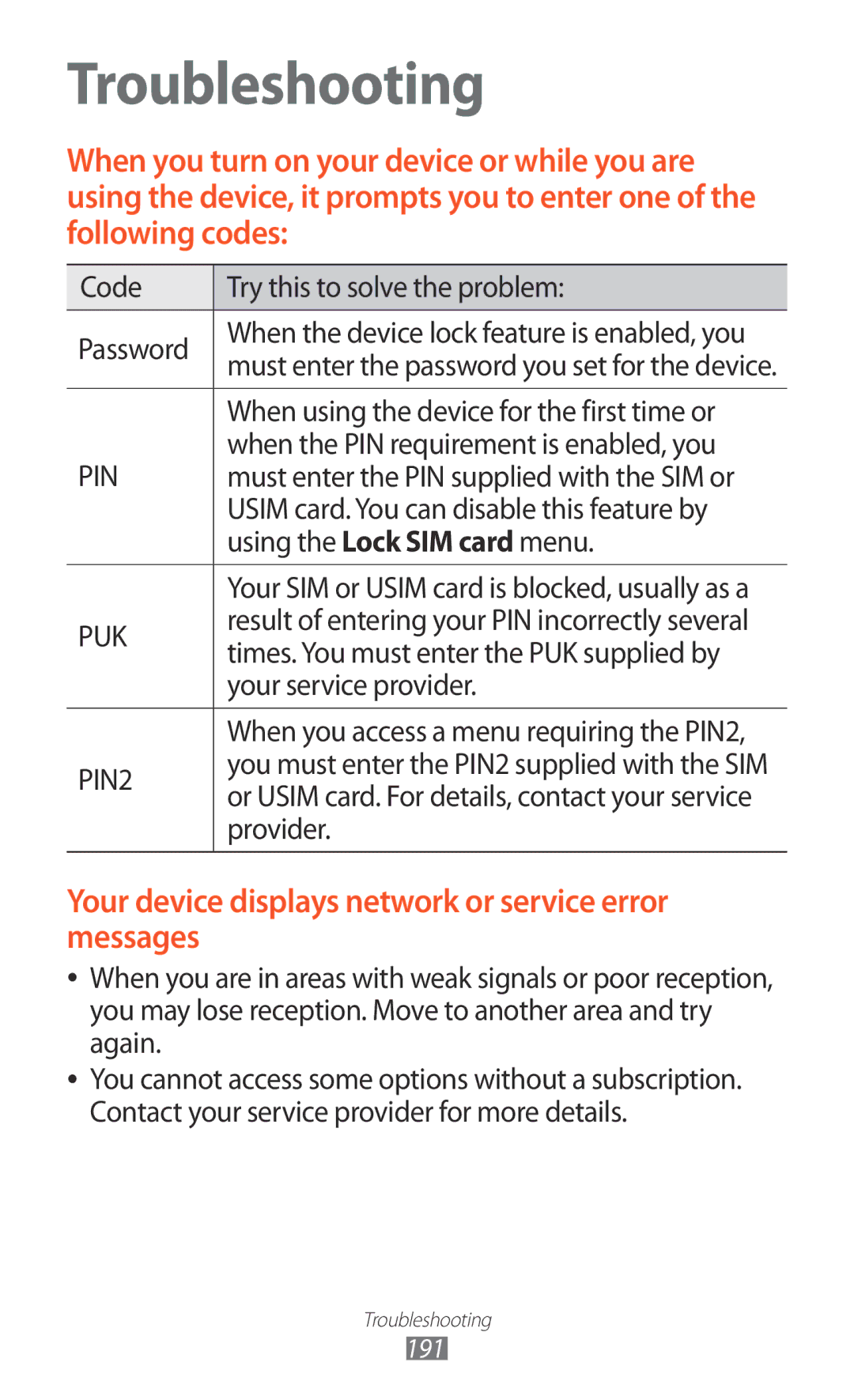 Samsung GT-N7000ZBESFR Code Try this to solve the problem Password, When using the device for the first time or, Provider 