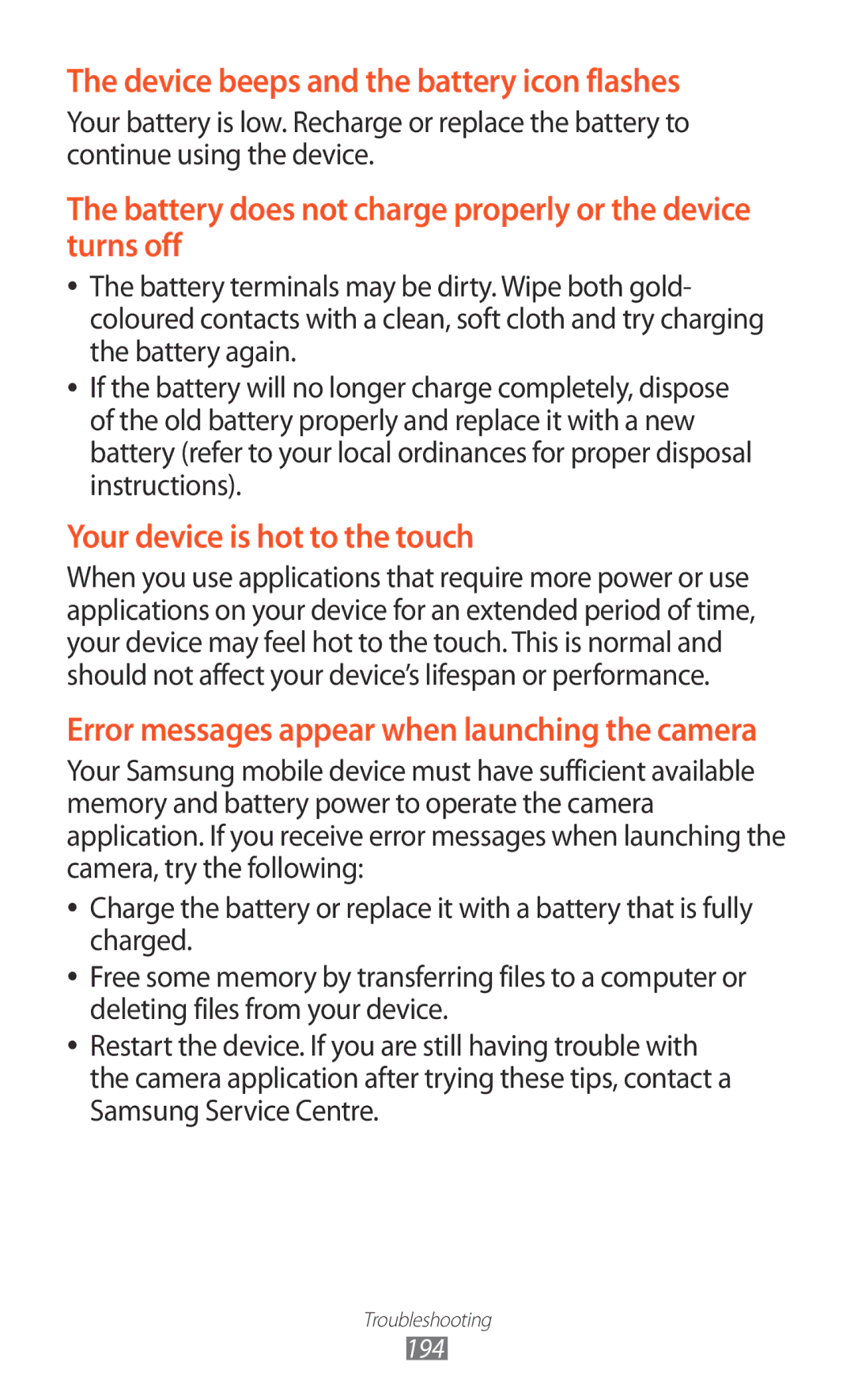 Samsung GT-N7000ZBAXEF, GT-N7000ZBADBT, GT-N7000ZBEDBT, GT-N7000ZBEATO manual Device beeps and the battery icon flashes 