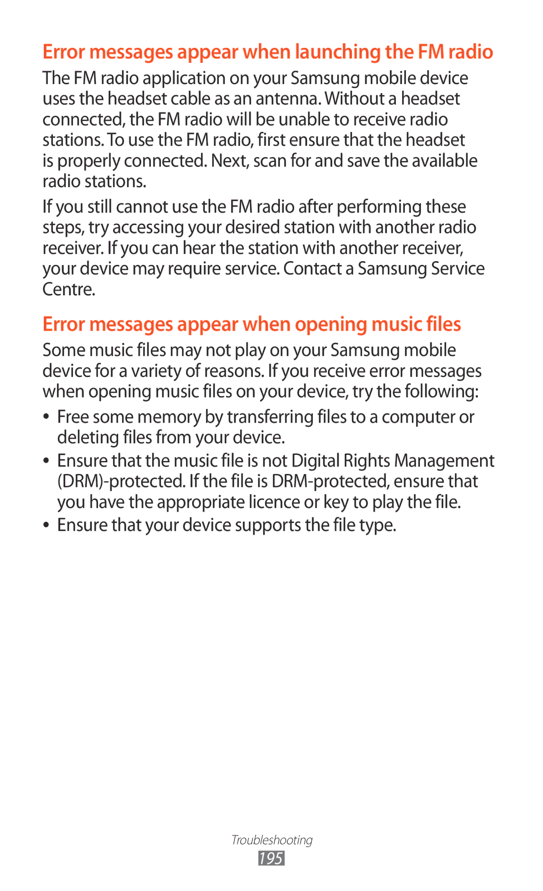 Samsung GT-N7000ZIASFR, GT-N7000ZBADBT, GT-N7000ZBEDBT, GT-N7000ZBEATO manual Error messages appear when opening music files 