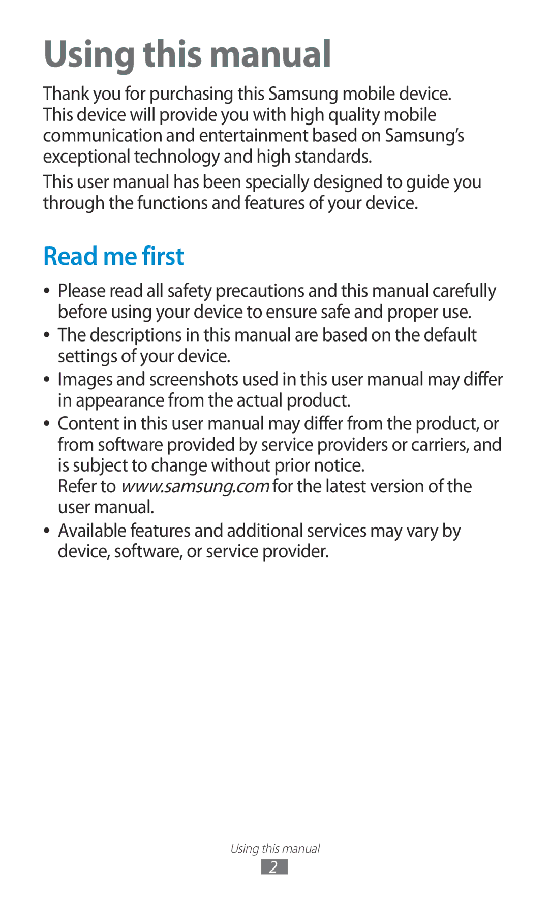 Samsung GT-N7000ZBEATO, GT-N7000ZBADBT, GT-N7000ZBEDBT, GT-N7000RWATUR, GT-N7000RWAMBC Using this manual, Read me first 