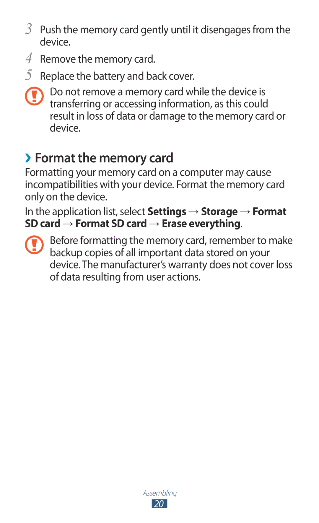 Samsung GT-N7000RWAVD2, GT-N7000ZBADBT, GT-N7000ZBEDBT, GT-N7000ZBEATO, GT-N7000RWATUR manual ››Format the memory card 