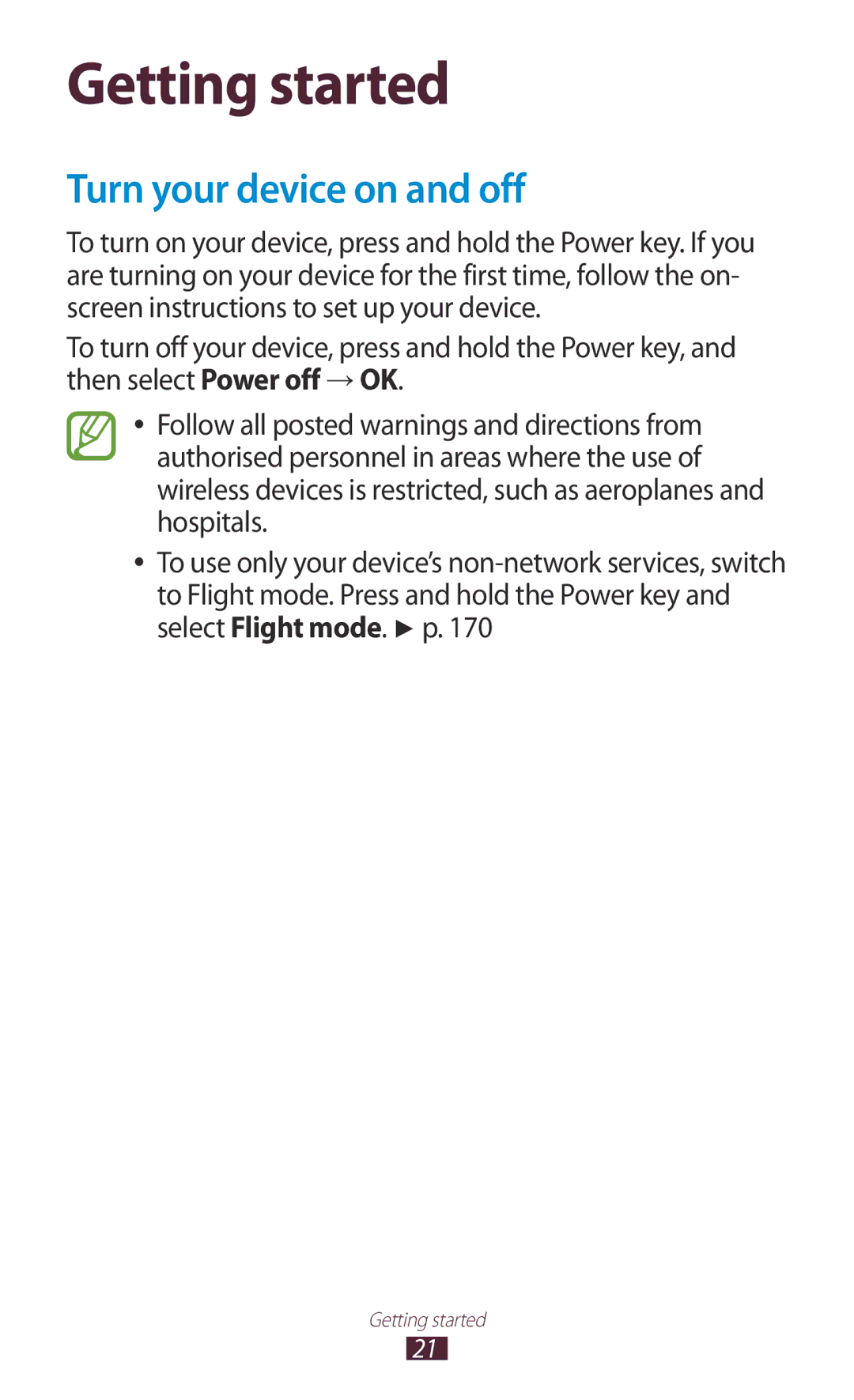 Samsung GT-N7000ZBATUR, GT-N7000ZBADBT, GT-N7000ZBEDBT, GT-N7000ZBEATO manual Getting started, Turn your device on and off 