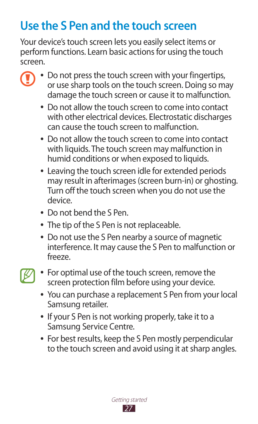 Samsung GT-N7000ZBEFTM, GT-N7000ZBADBT, GT-N7000ZBEDBT, GT-N7000ZBEATO, GT-N7000RWATUR Use the S Pen and the touch screen 