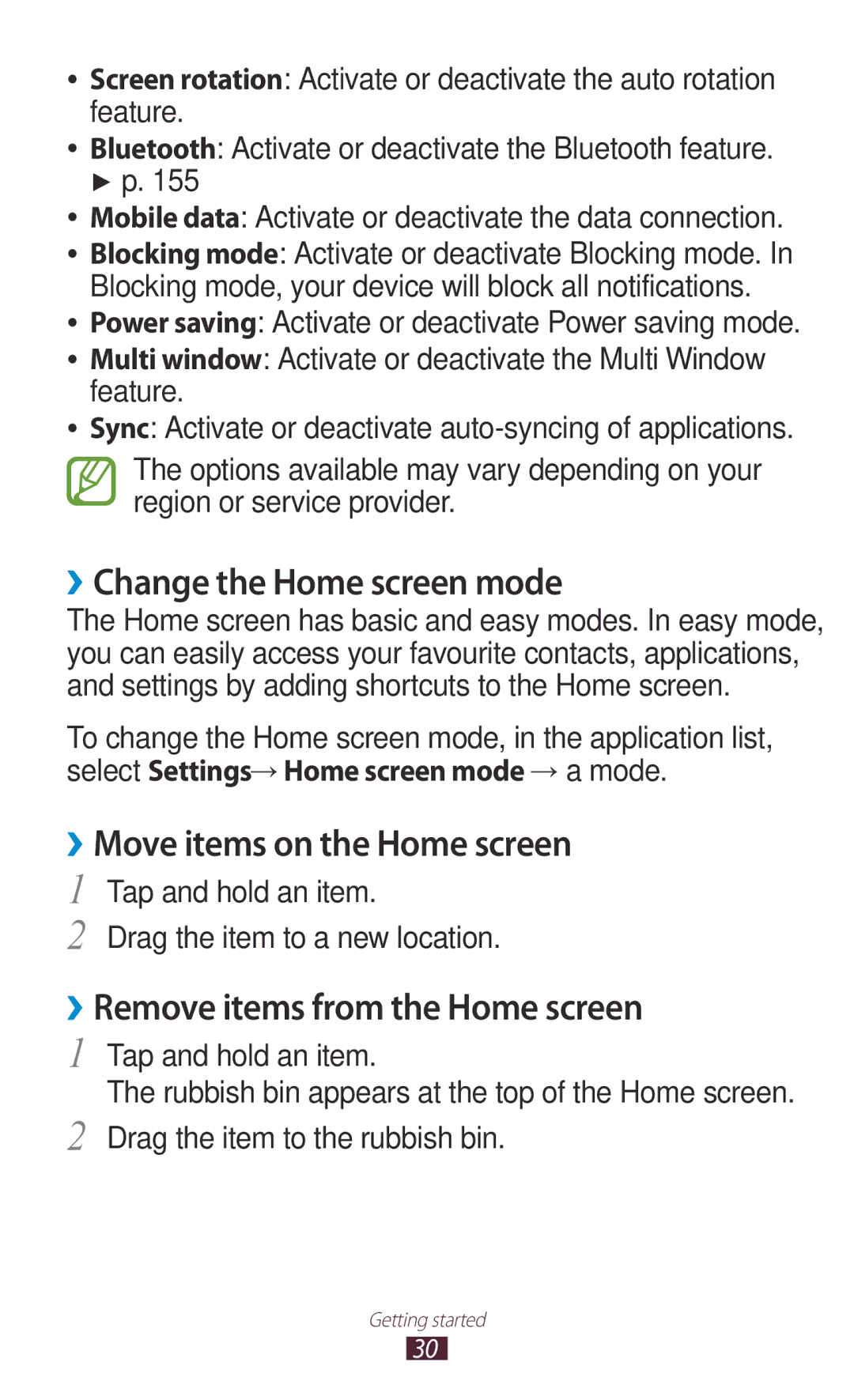 Samsung GT-N7000RWAXEF ››Change the Home screen mode, ››Move items on the Home screen, ››Remove items from the Home screen 