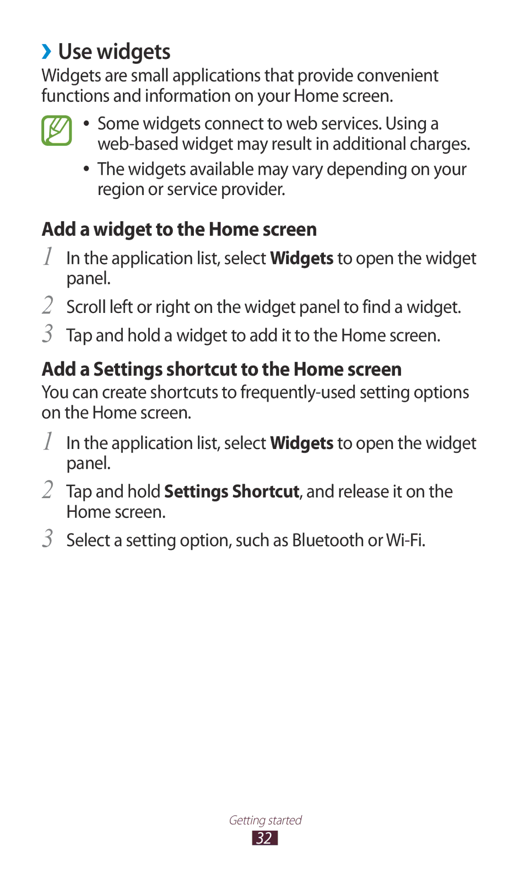 Samsung GT-N7000ZBAXEF manual ››Use widgets, Add a widget to the Home screen, Add a Settings shortcut to the Home screen 