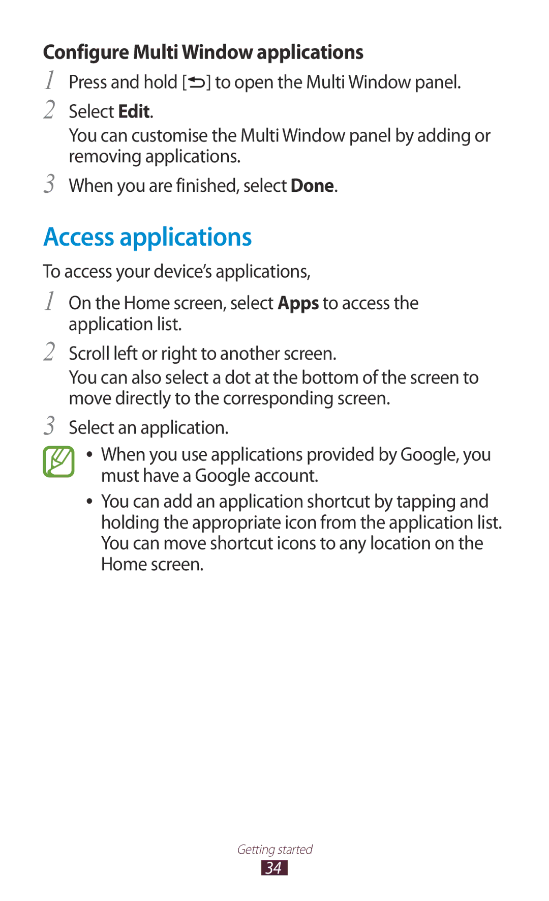 Samsung GT-N7000ZIAFTM, GT-N7000ZBADBT, GT-N7000ZBEDBT manual Access applications, Configure Multi Window applications 