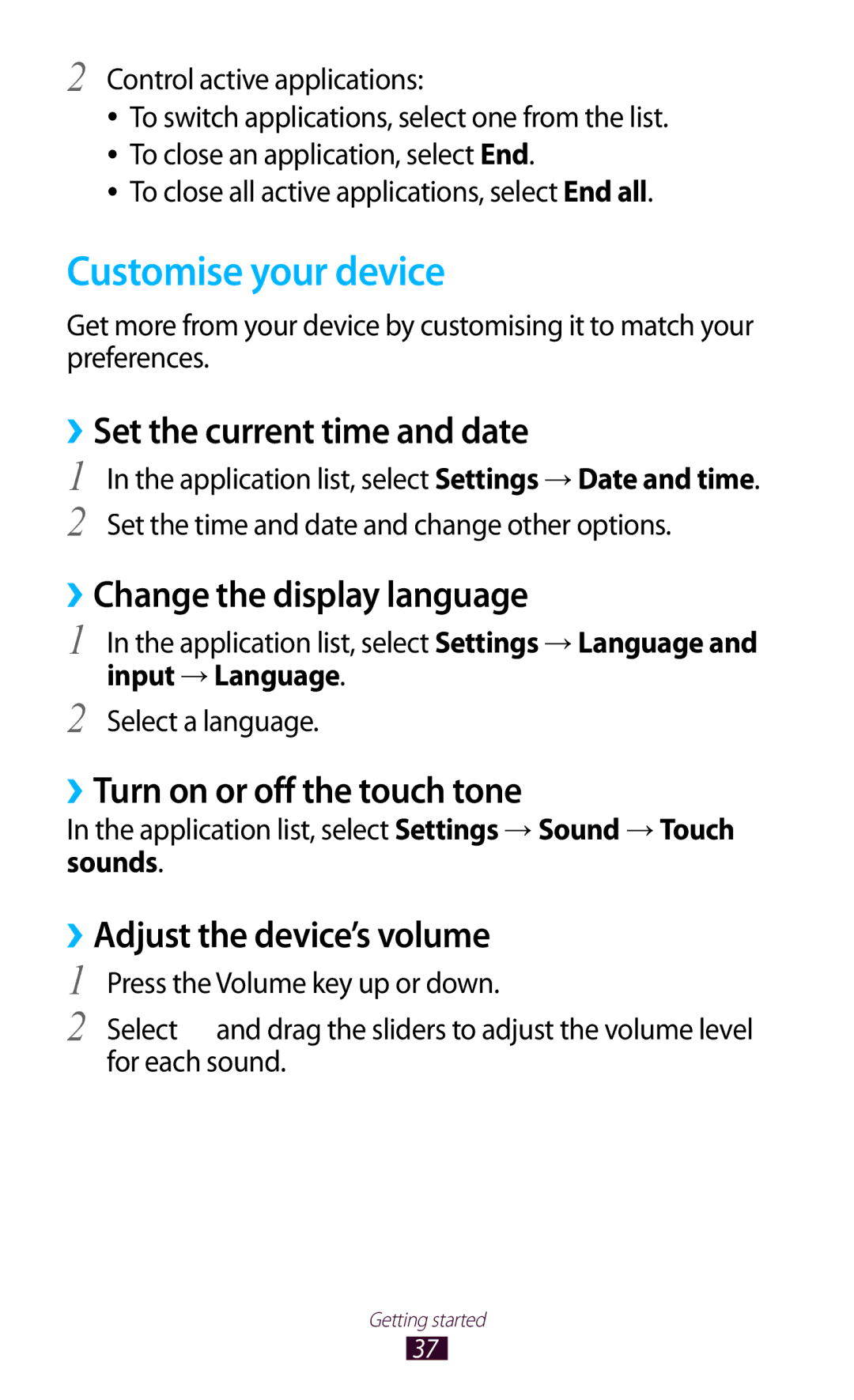 Samsung GT-N7000ZBABOG manual Customise your device, ››Set the current time and date, ››Change the display language 