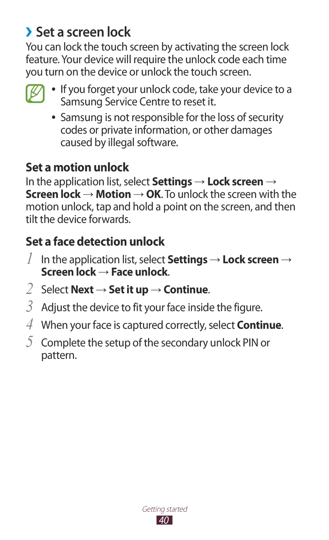 Samsung GT-N7000RWATIM, GT-N7000ZBADBT manual ››Set a screen lock, Set a motion unlock, Set a face detection unlock 