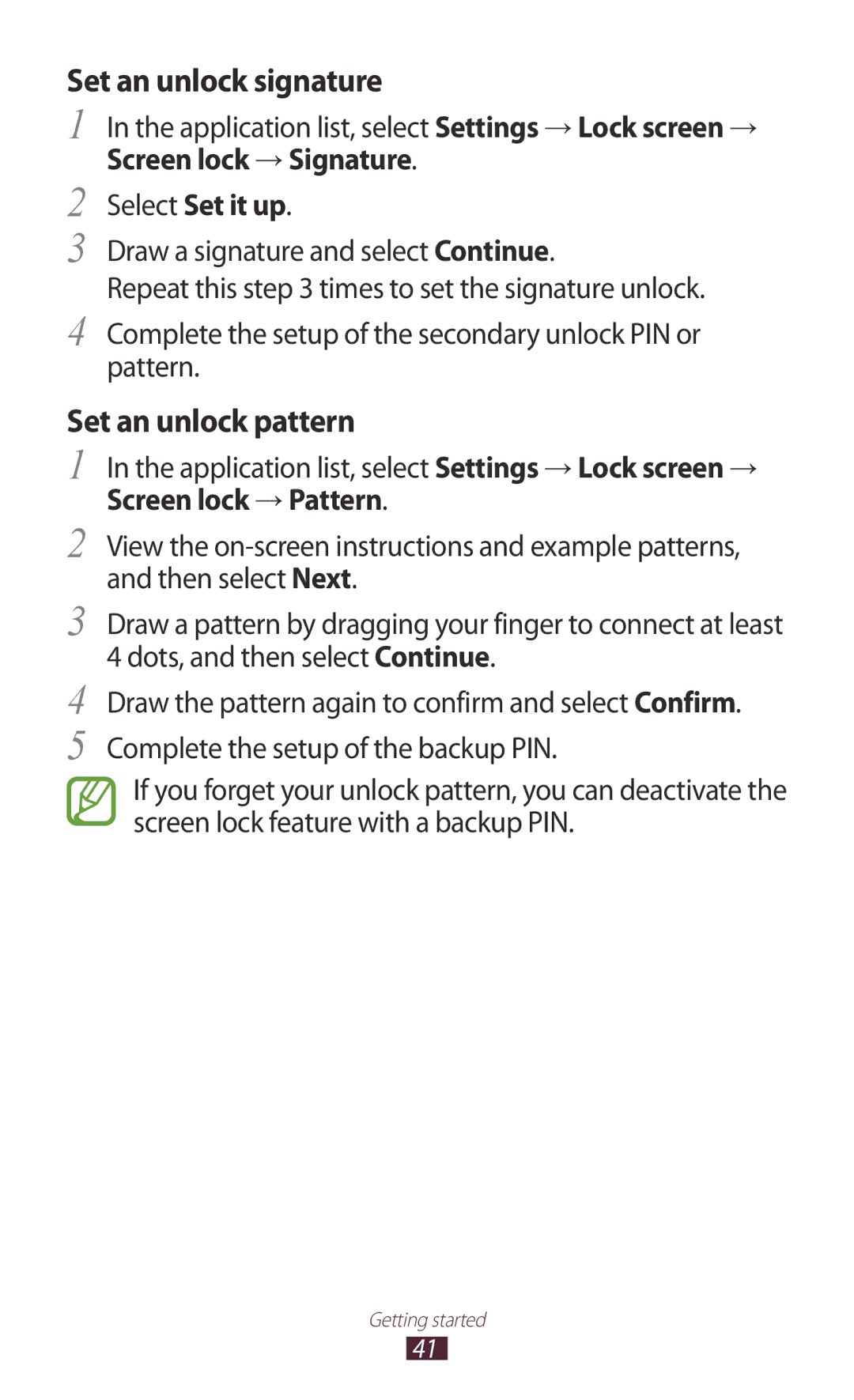 Samsung GT-N7000RWEITV Set an unlock signature, Set an unlock pattern, Application list, select Settings → Lock screen → 