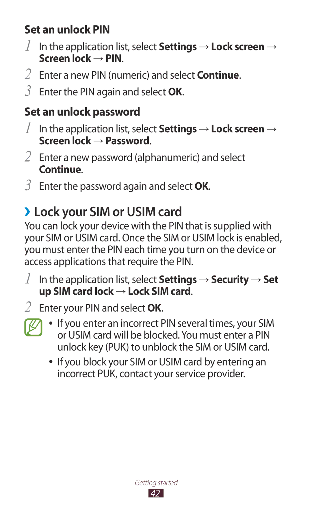 Samsung GT-N7000RWAOMN, GT-N7000ZBADBT manual ››Lock your SIM or Usim card, Set an unlock PIN, Set an unlock password 