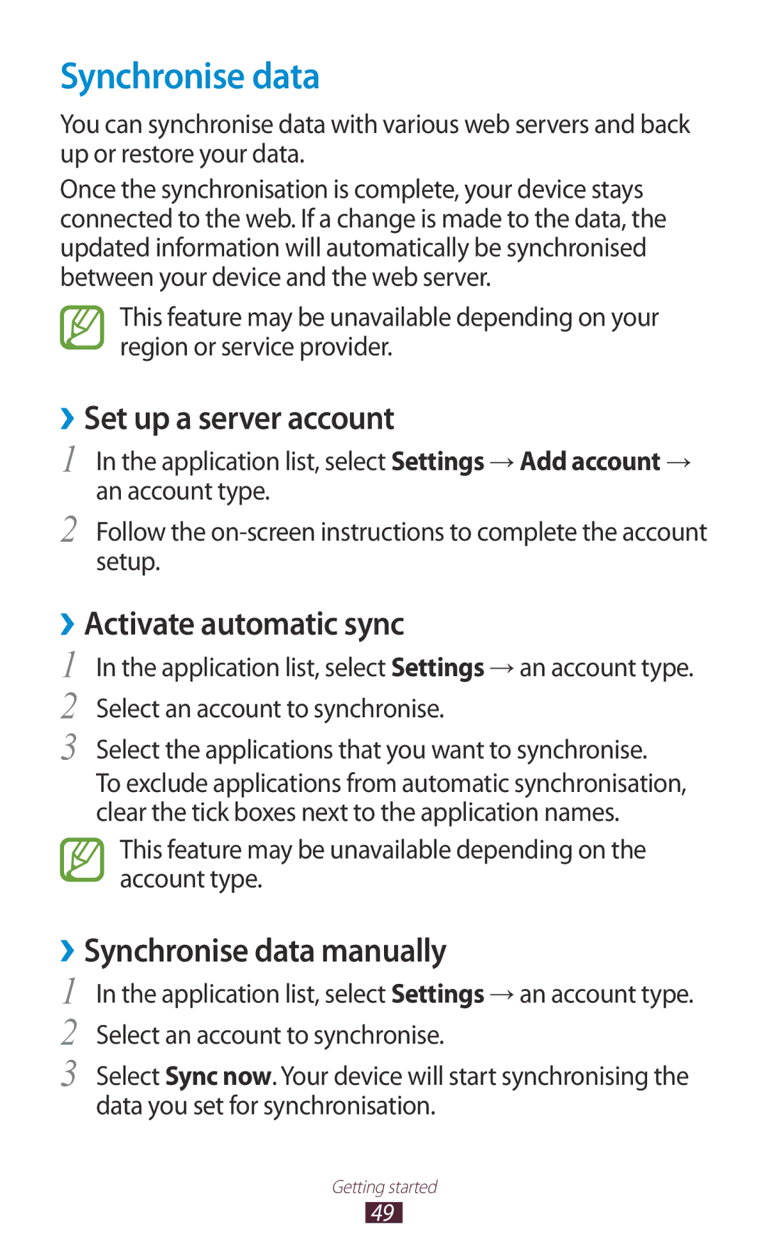 Samsung GT-N7000ZBAITV ››Set up a server account, ››Activate automatic sync, ››Synchronise data manually 