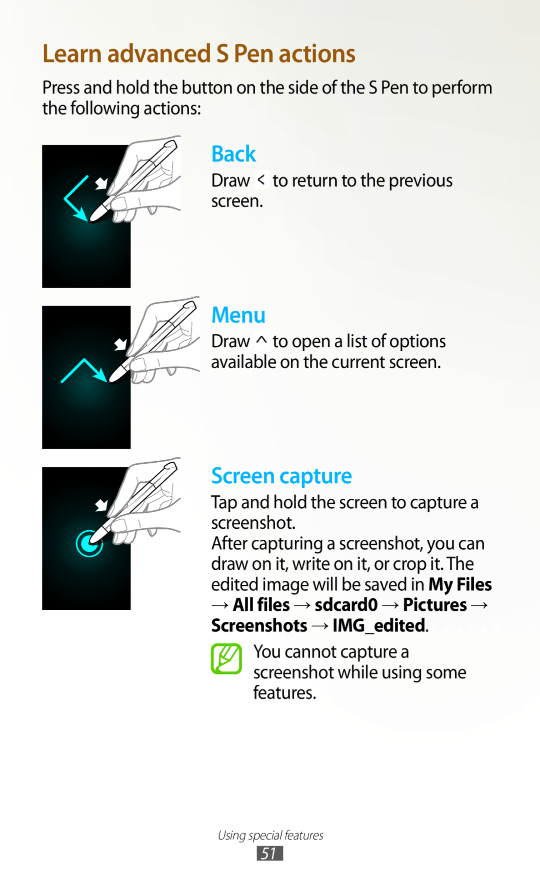 Samsung GT-N7000RWAHUI manual Draw to return to the previous screen, Tap and hold the screen to capture a screenshot 