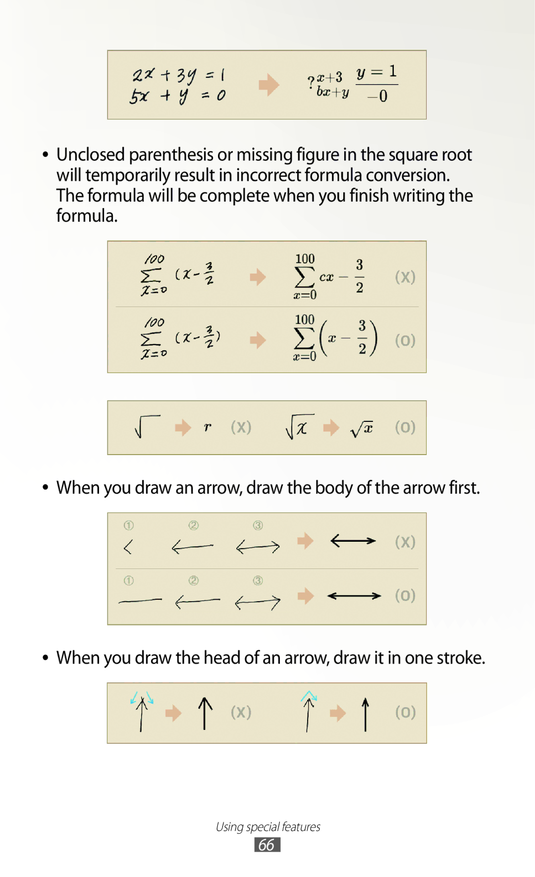 Samsung GT-N7000RWAAMN, GT-N7000ZBADBT, GT-N7000ZBEDBT manual When you draw the head of an arrow, draw it in one stroke 