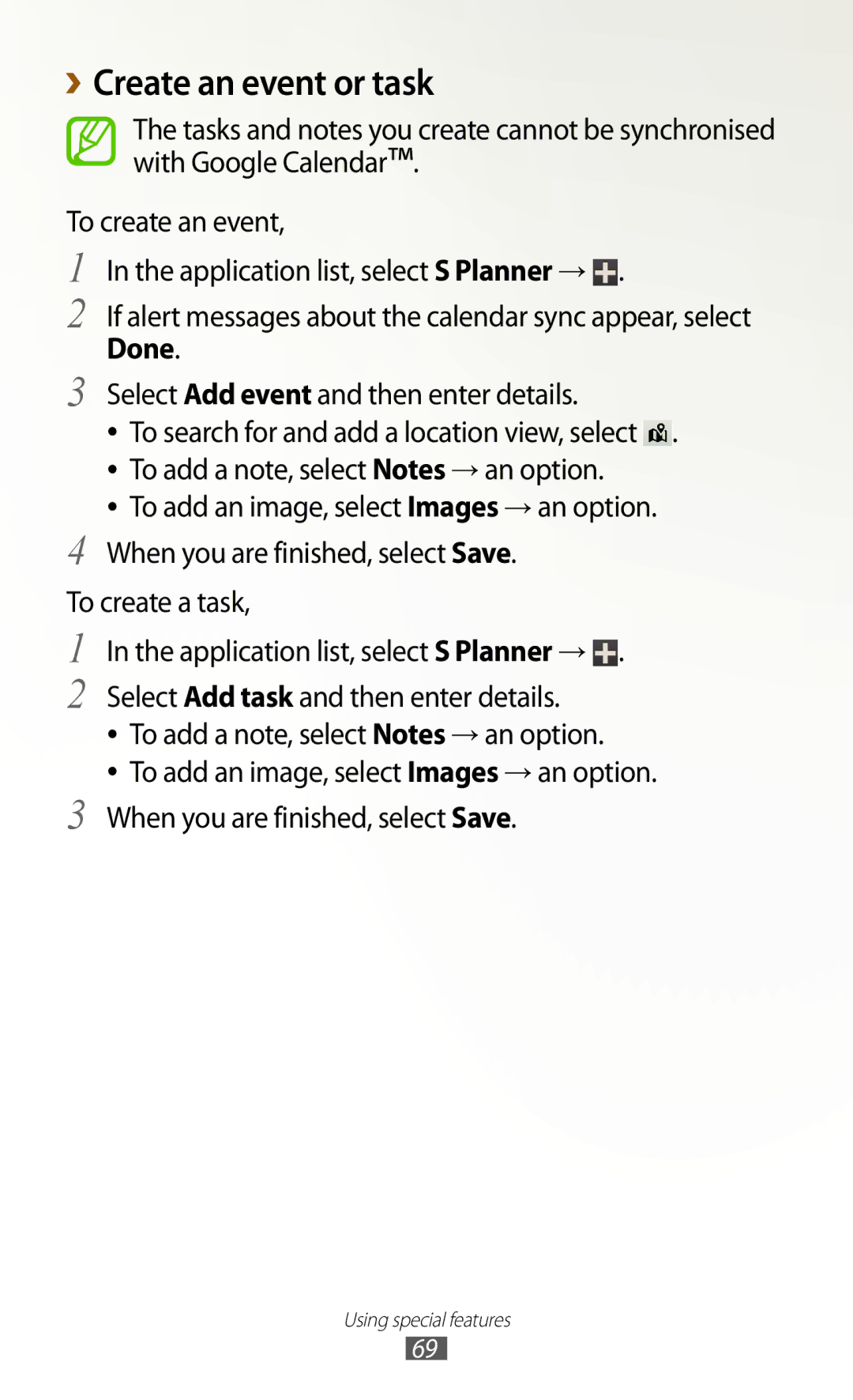 Samsung GT-N7000ZBAYOG, GT-N7000ZBADBT manual ››Create an event or task, Done, Select Add event and then enter details 