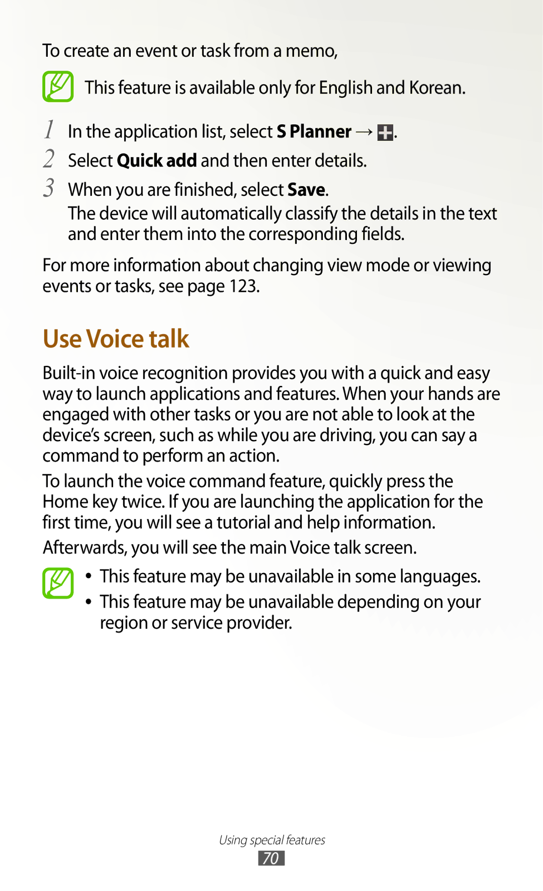 Samsung GT-N7000ZBAXEC, GT-N7000ZBADBT To create an event or task from a memo, Select Quick add and then enter details 