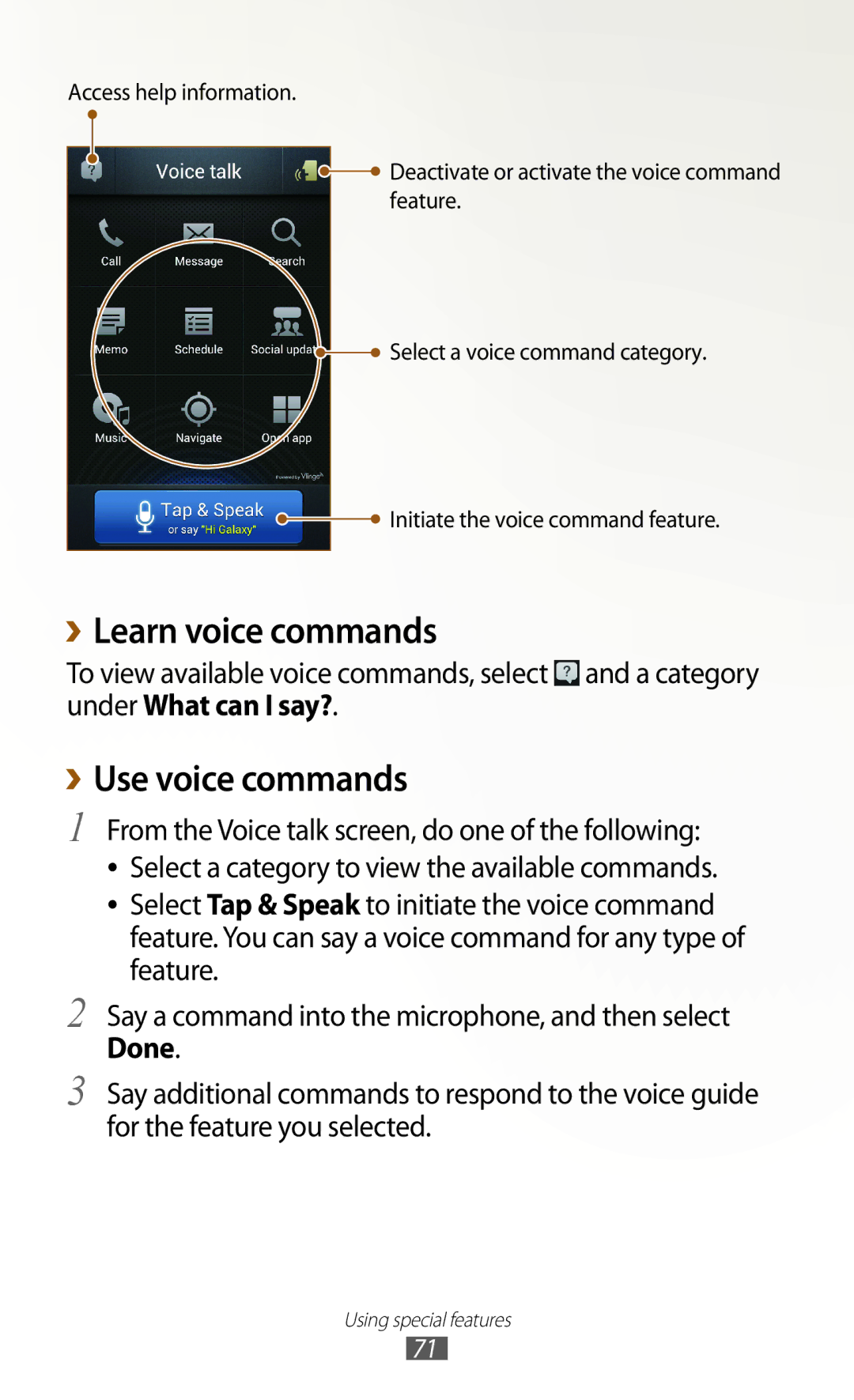 Samsung GT-N7000ZBAAMN, GT-N7000ZBADBT, GT-N7000ZBEDBT, GT-N7000ZBEATO manual ››Learn voice commands, ››Use voice commands 