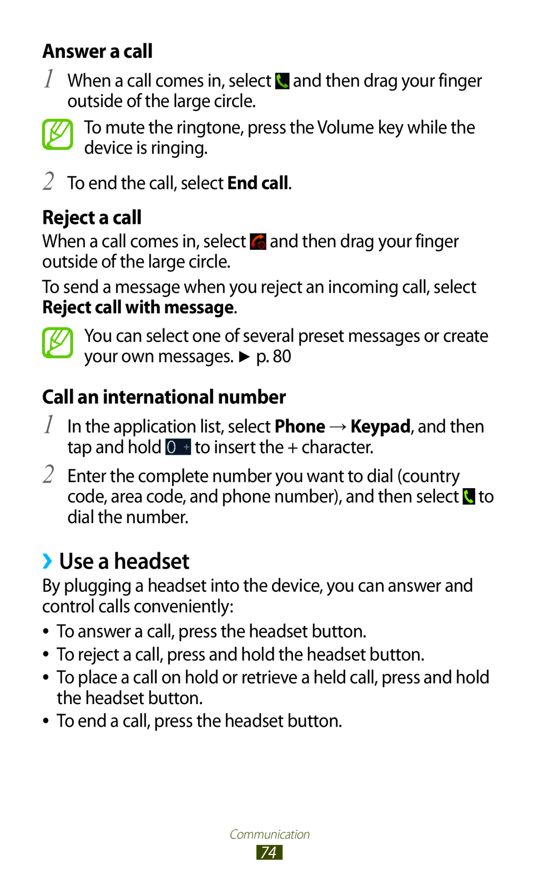 Samsung GT-N7000RWAXSP, GT-N7000ZBADBT manual ››Use a headset, Answer a call, Reject a call, Call an international number 