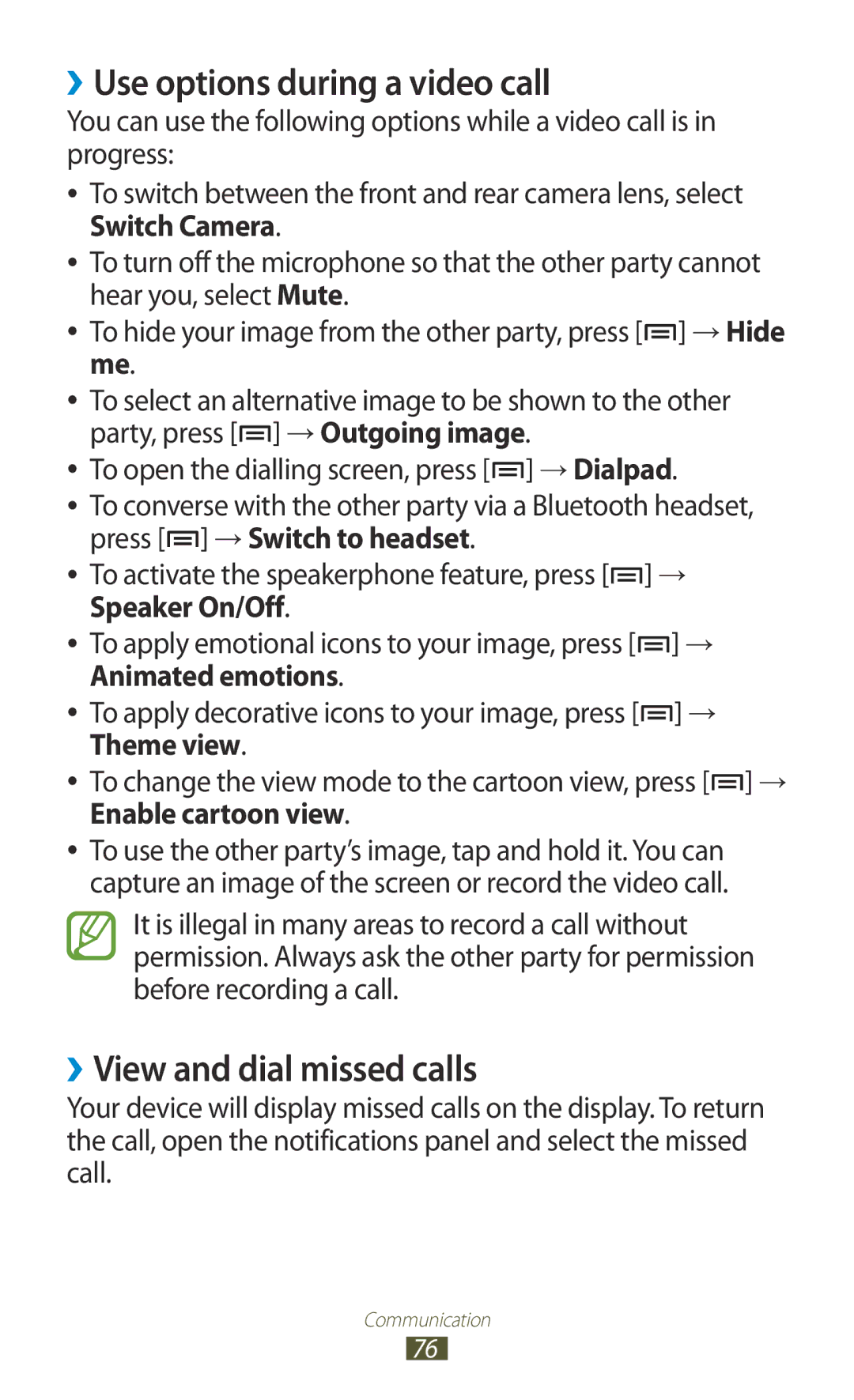 Samsung GT-N7000ZBAGBL, GT-N7000ZBADBT ››Use options during a video call, ››View and dial missed calls, Speaker On/Off 