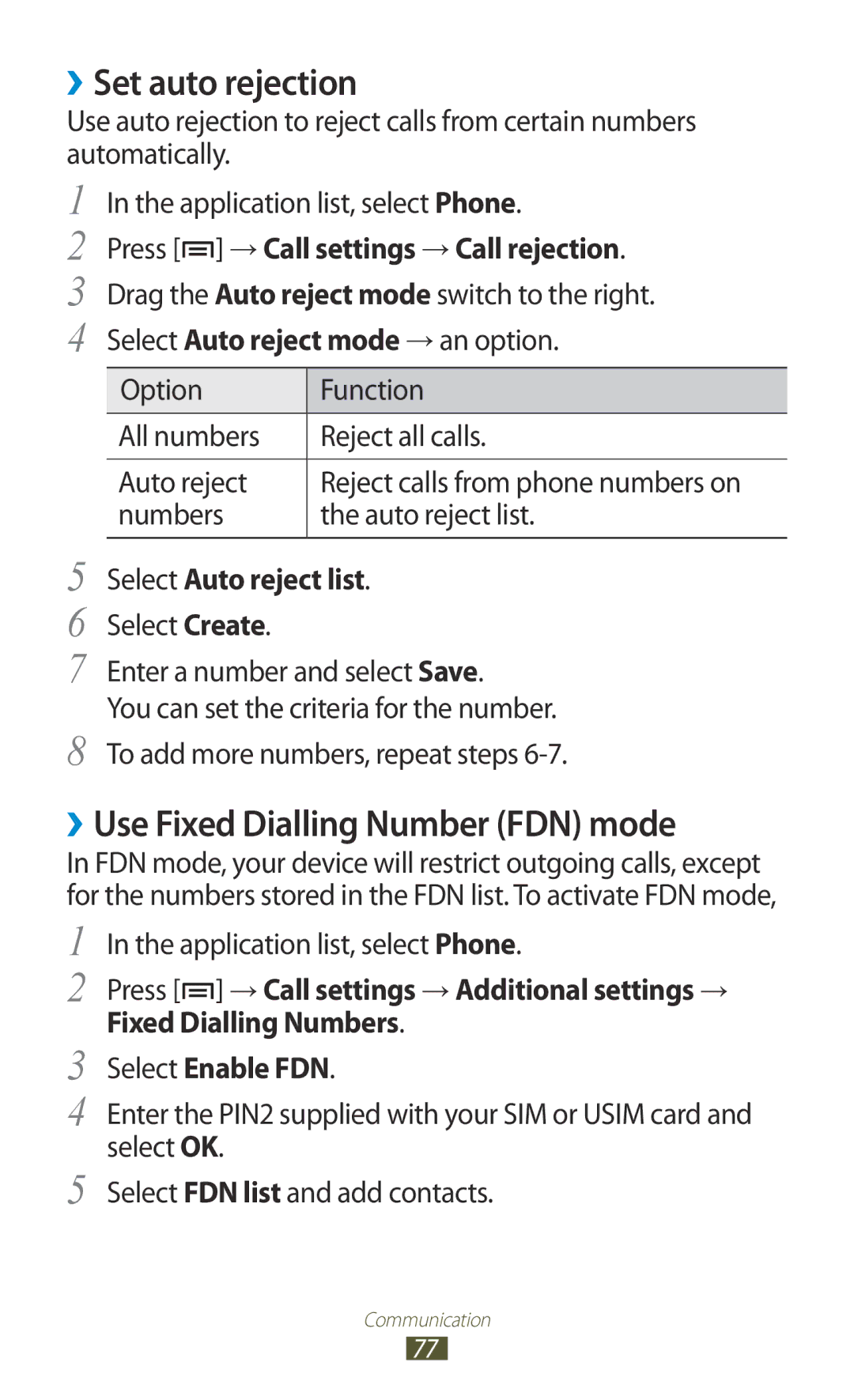 Samsung GT-N7000RWAGBL, GT-N7000ZBADBT ››Set auto rejection, ››Use Fixed Dialling Number FDN mode, Select Auto reject list 