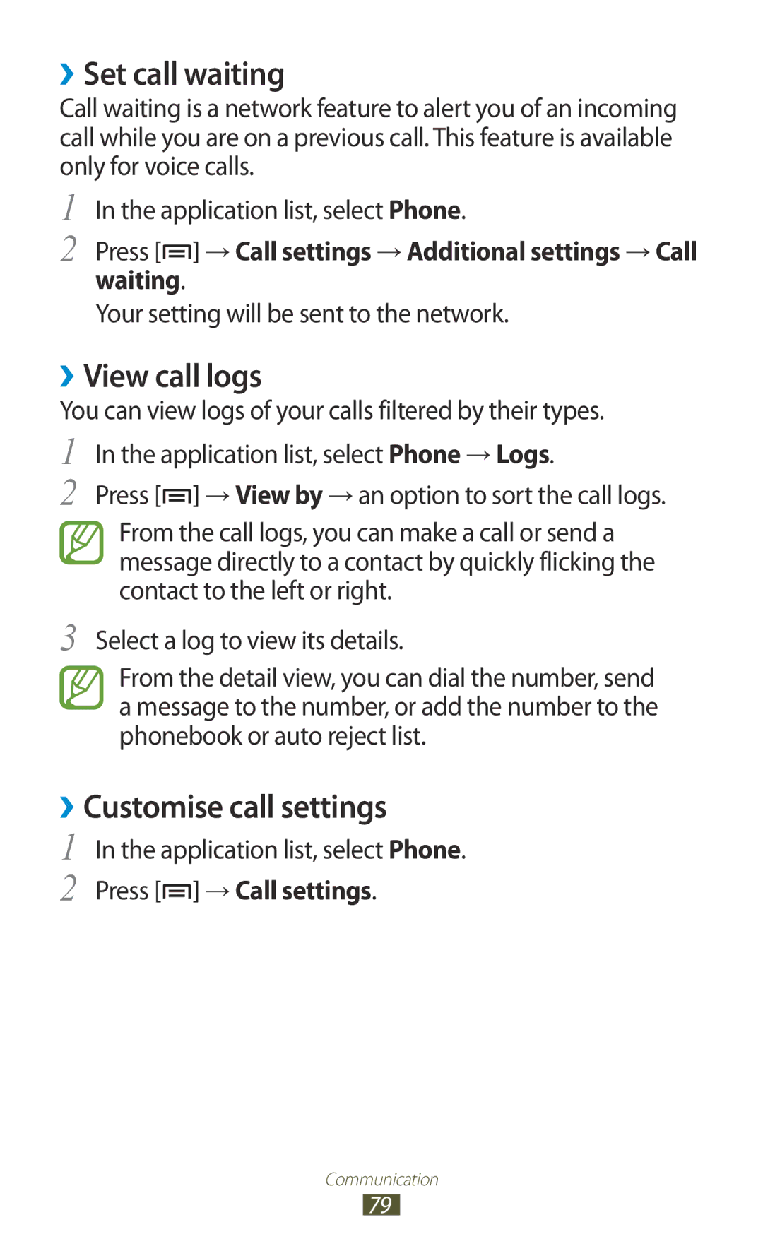 Samsung GT-N7000ZBABGL manual ››Set call waiting, ››View call logs, ››Customise call settings, Press → Call settings 