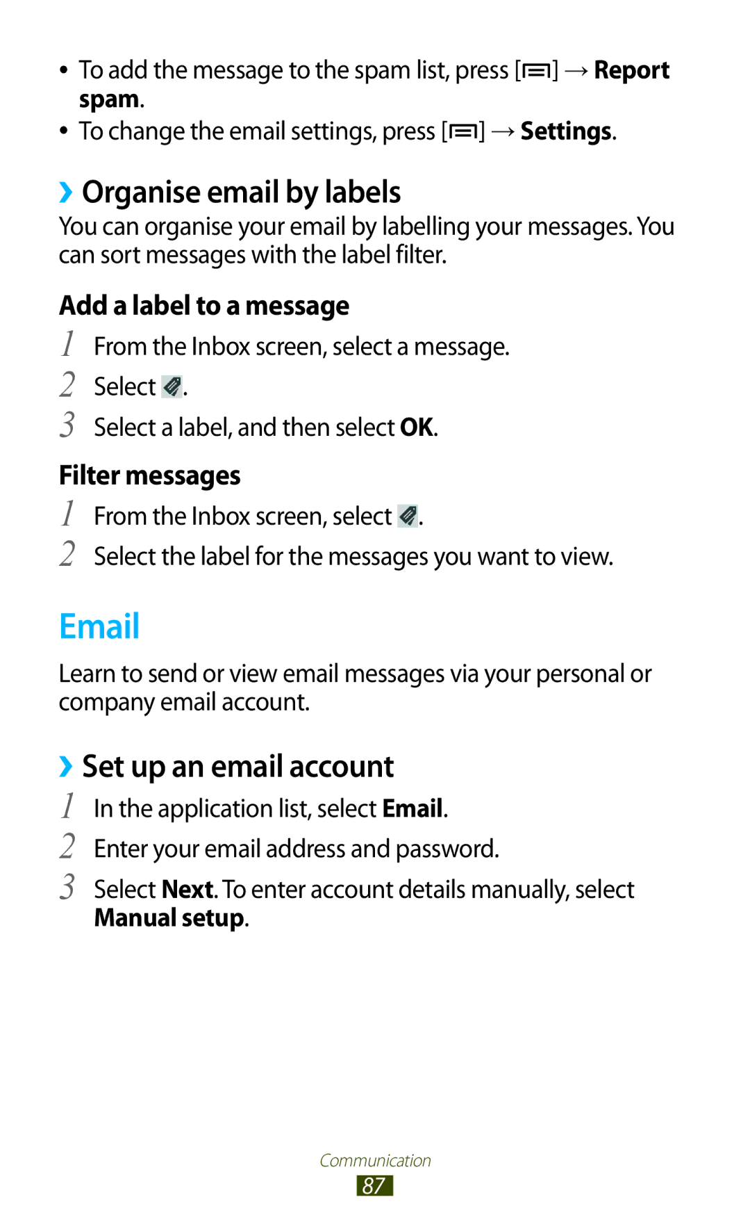 Samsung GT-N7000ZBEVIP ››Organise email by labels, ››Set up an email account, Add a label to a message, Filter messages 