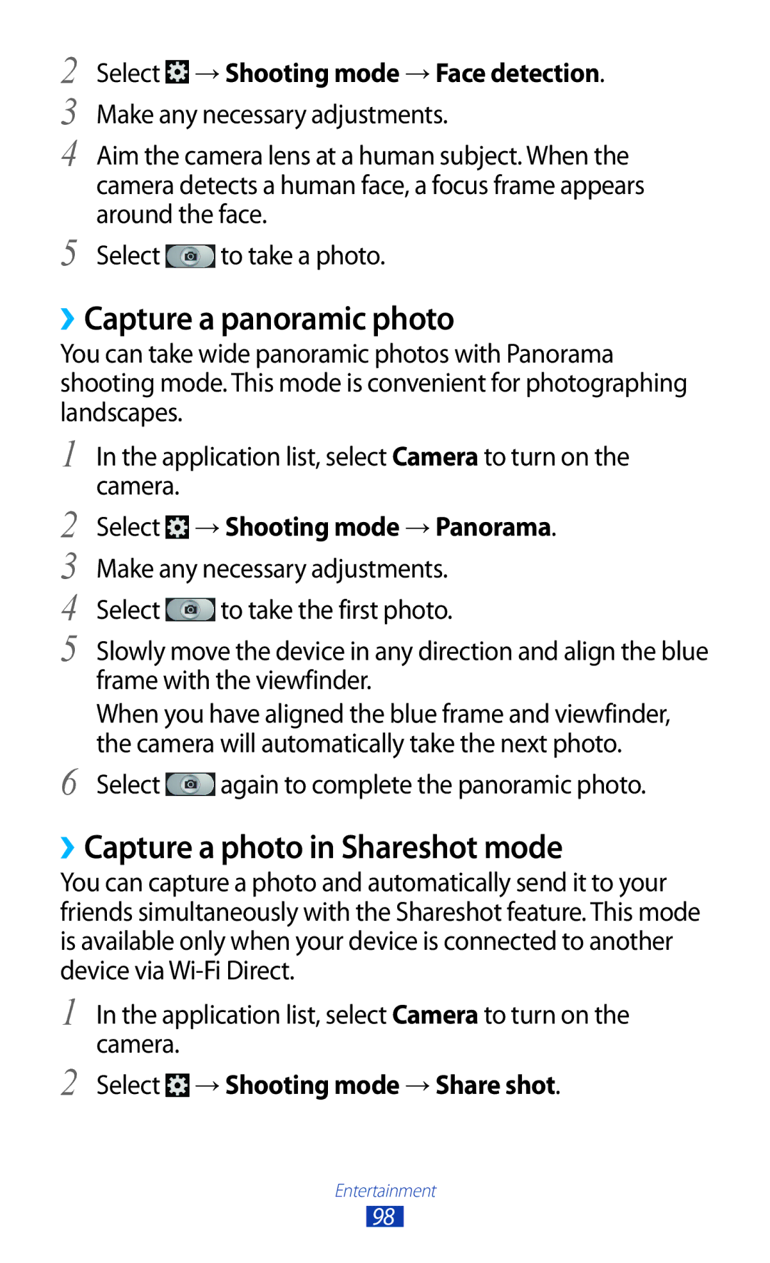 Samsung GT2N7000ZBACRG ››Capture a panoramic photo, ››Capture a photo in Shareshot mode, Select → Shooting mode → Panorama 