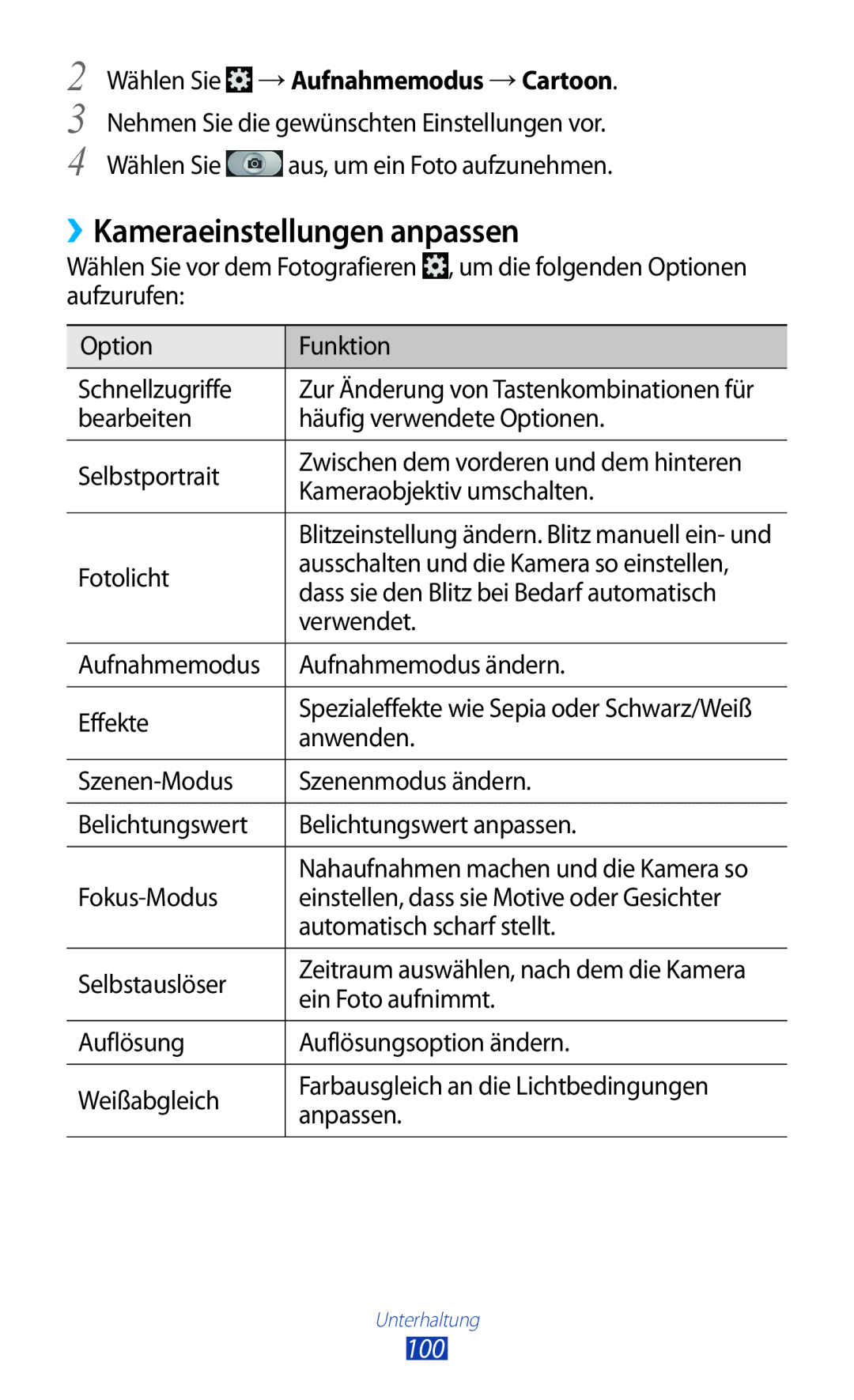 Samsung GT-N7000ZIADBT, GT-N7000ZBADBT ››Kameraeinstellungen anpassen, 100, Wählen Sie →Aufnahmemodus →Cartoon, Anwenden 