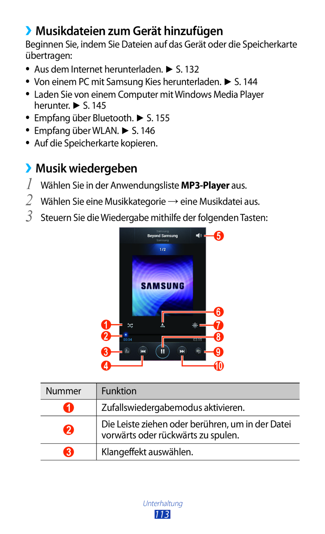 Samsung GT-N7000ZBATUR, GT-N7000ZBADBT manual ››Musikdateien zum Gerät hinzufügen, ››Musik wiedergeben, 113, Herunter. S 