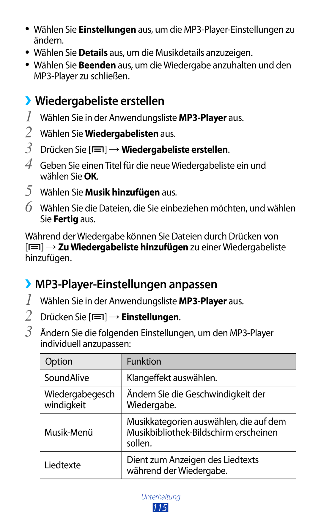 Samsung GT-N7000ZBADBT, GT-N7000ZBEDBT, GT-N7000ZBEATO Wiedergabeliste erstellen, ››MP3-Player-Einstellungen anpassen, 115 