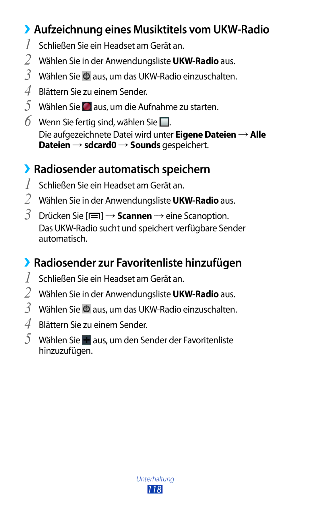 Samsung GT-N7000RWATUR, GT-N7000ZBADBT Radiosender automatisch speichern, ››Radiosender zur Favoritenliste hinzufügen, 118 